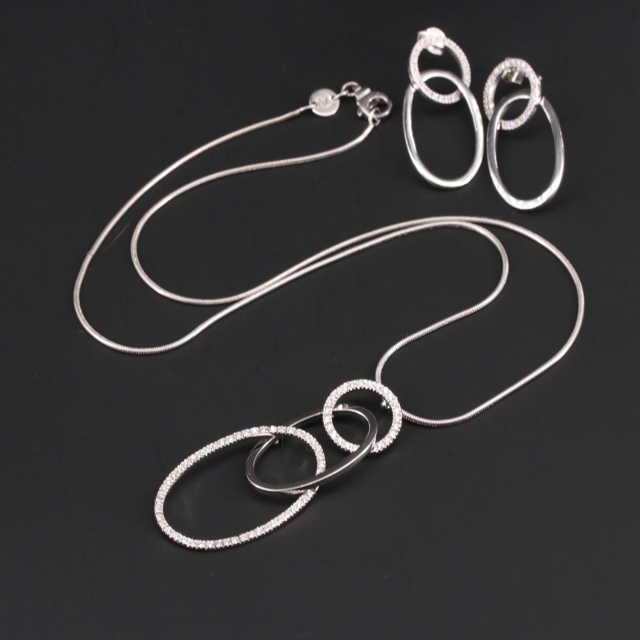 Movado 18K White Gold Diamond Necklace and Earrings Set