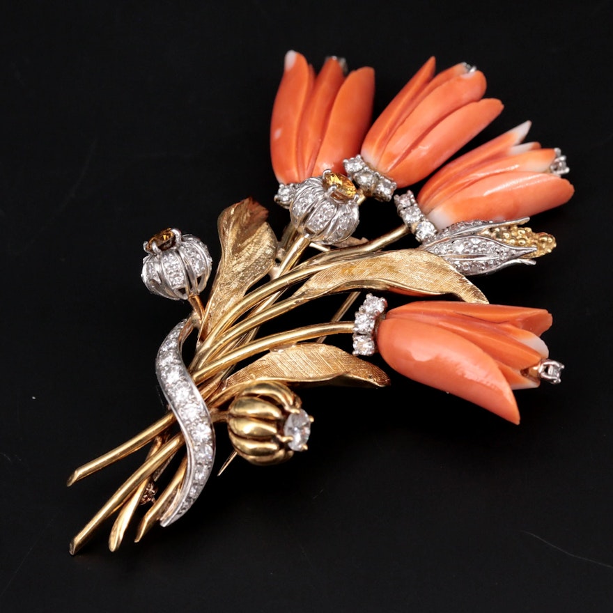1950s 14K Yellow Gold Coral and 2.37 CTW Diamond Tulip Bouquet Brooch