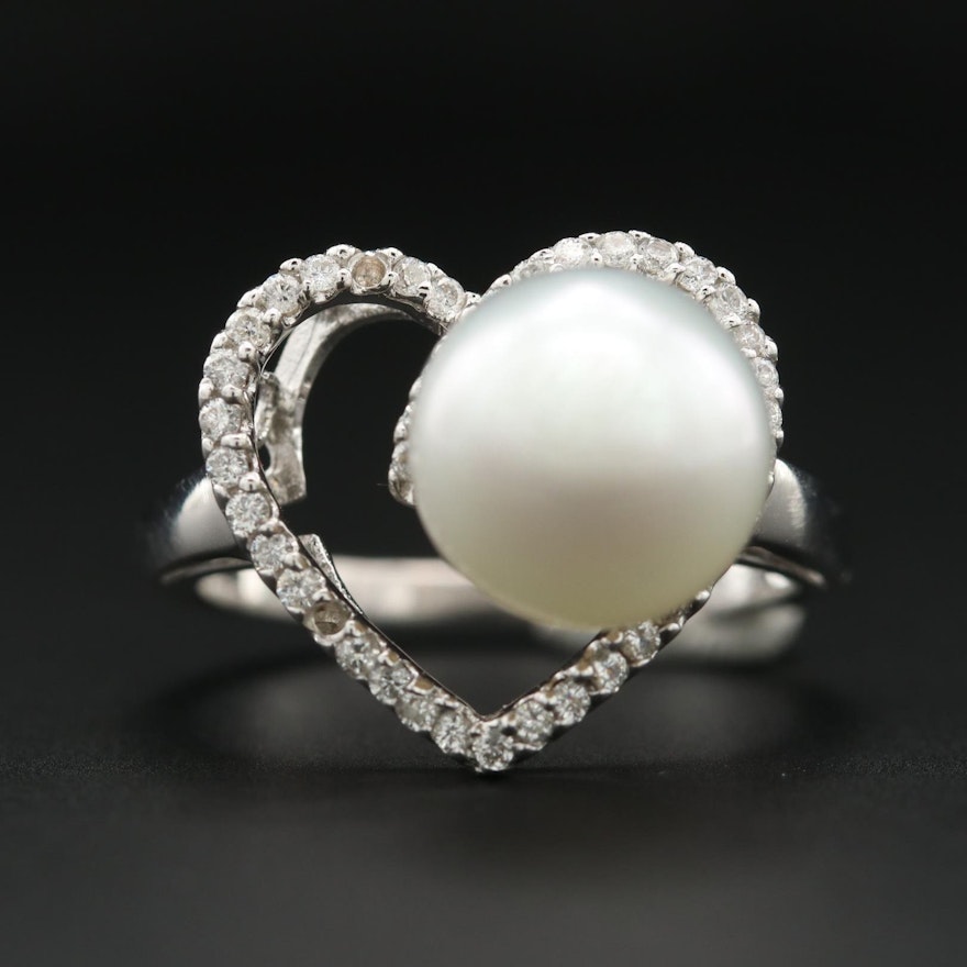 18K White Gold Cultured Pearl and Diamond Heart Ring