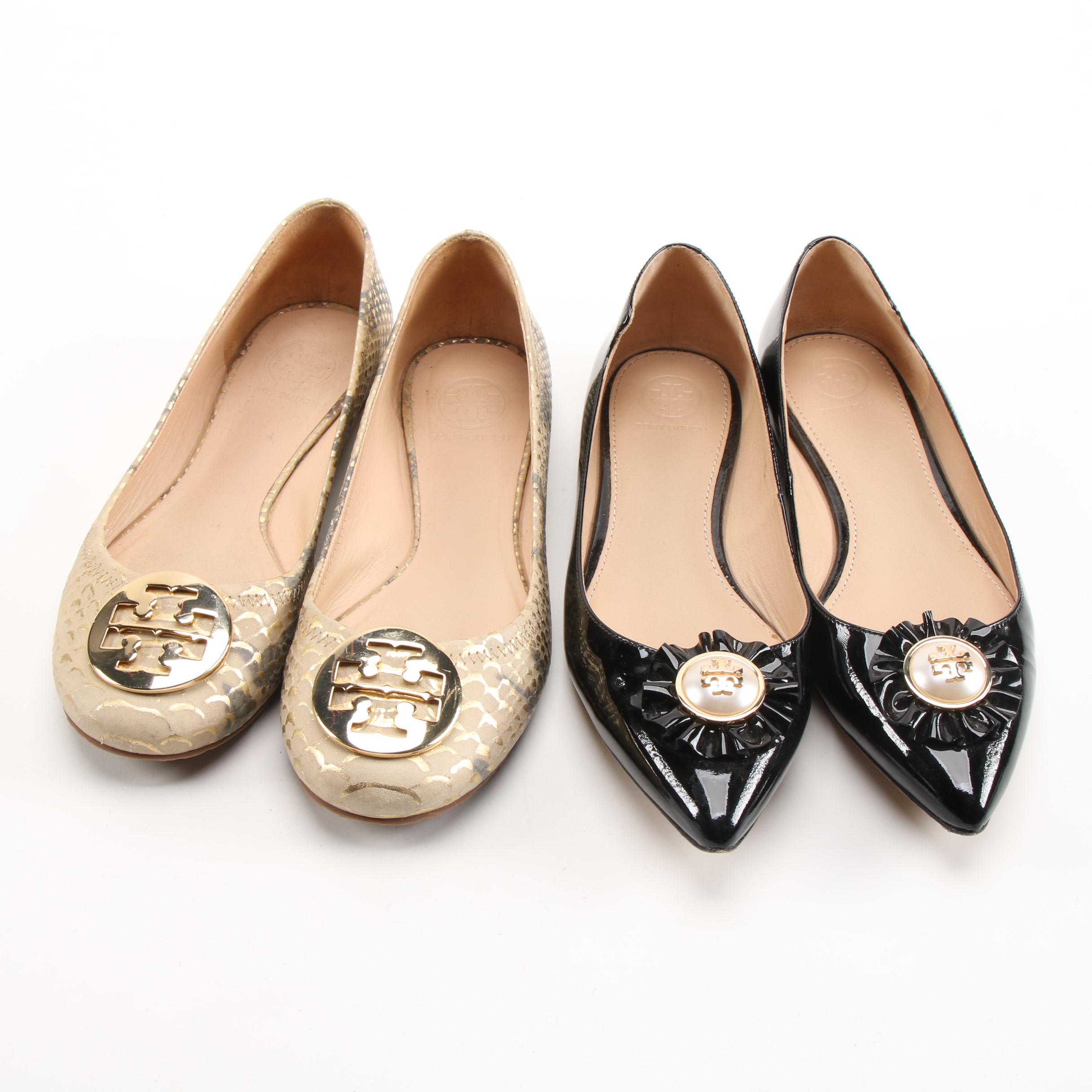 Tory Burch Embossed Leather and Patent Leather Logo Flats