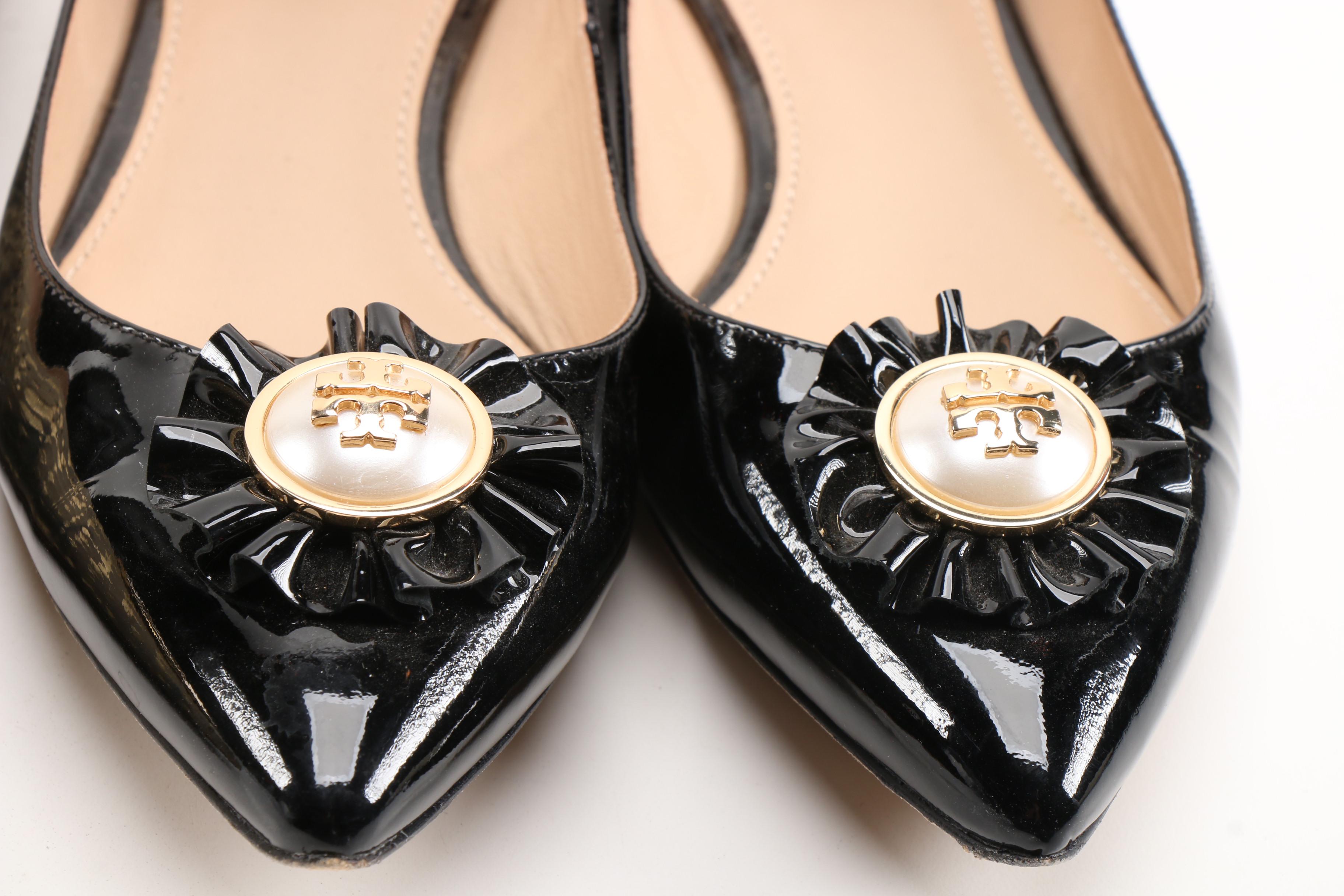 Tory Burch Embossed Leather and Patent Leather Logo Flats