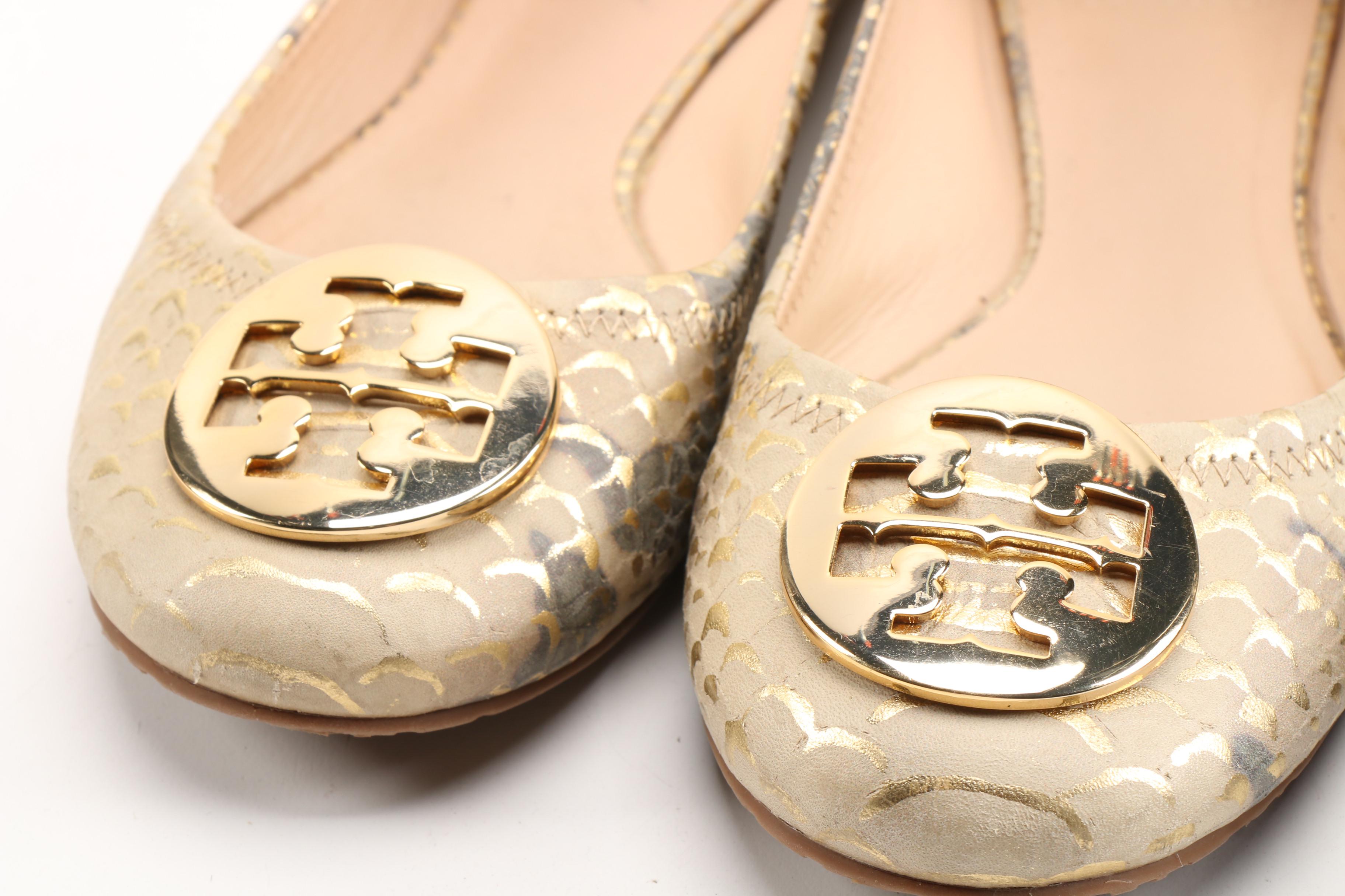 Tory Burch Embossed Leather and Patent Leather Logo Flats