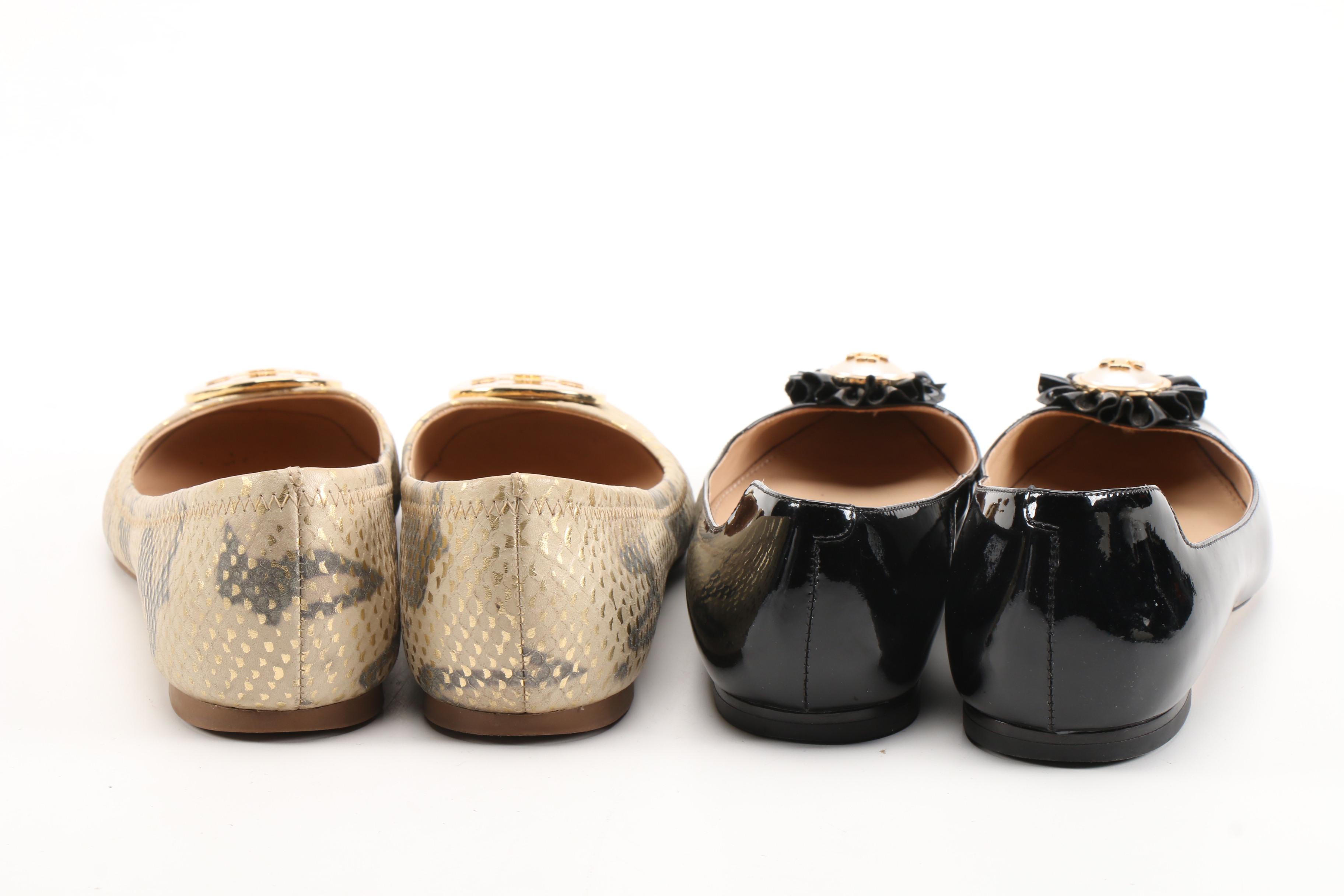 Tory Burch Embossed Leather and Patent Leather Logo Flats