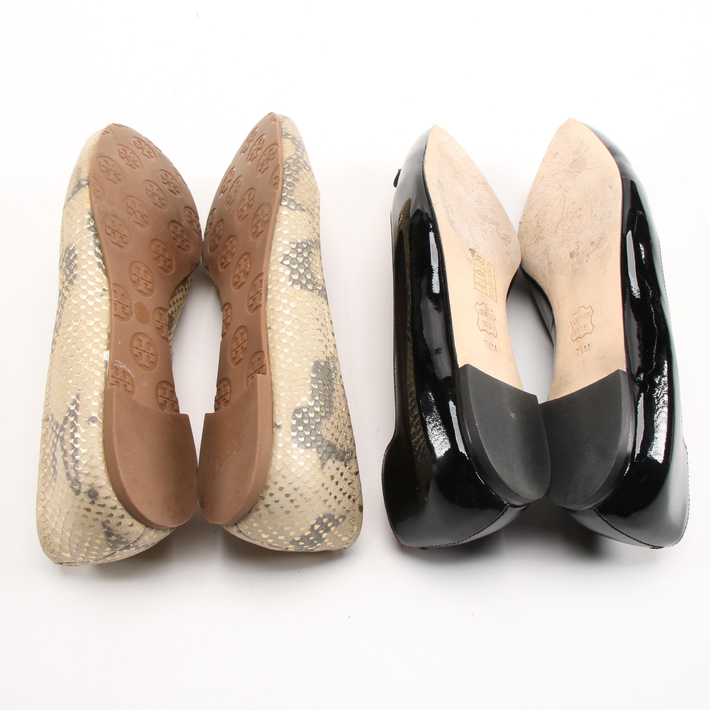 Tory Burch Embossed Leather and Patent Leather Logo Flats