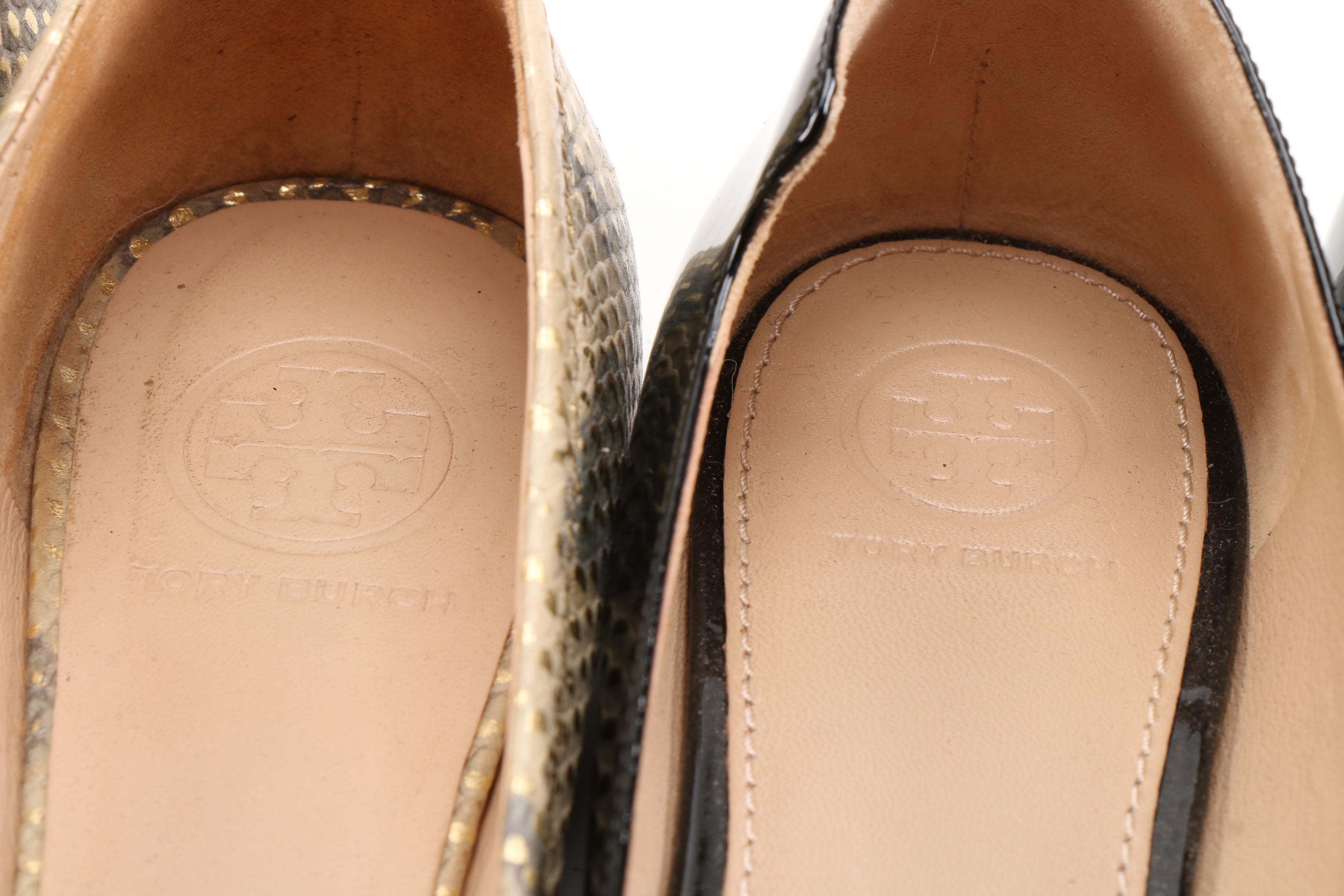 Tory Burch Embossed Leather and Patent Leather Logo Flats