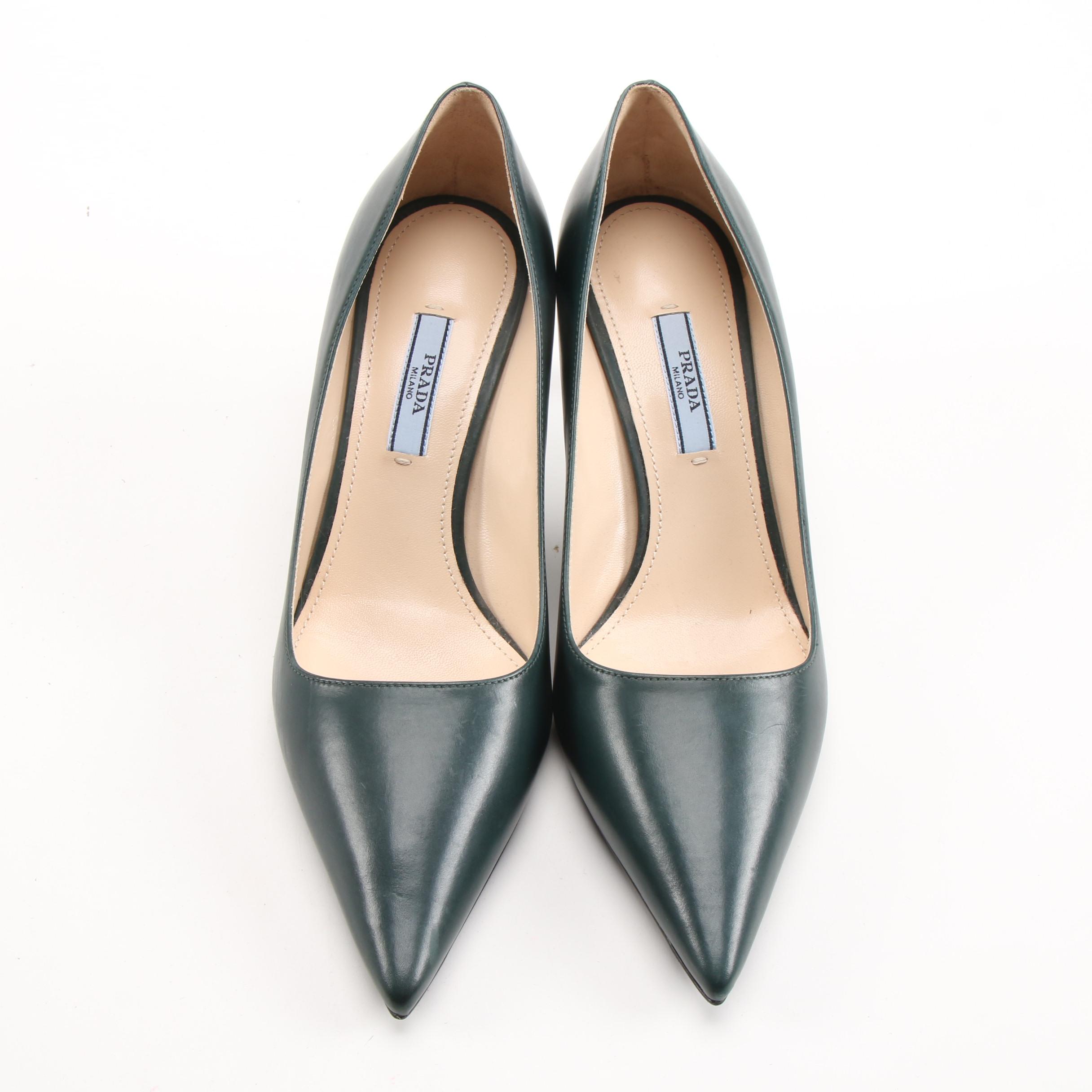 Prada Dark Green Leather Pointed Toe Pumps