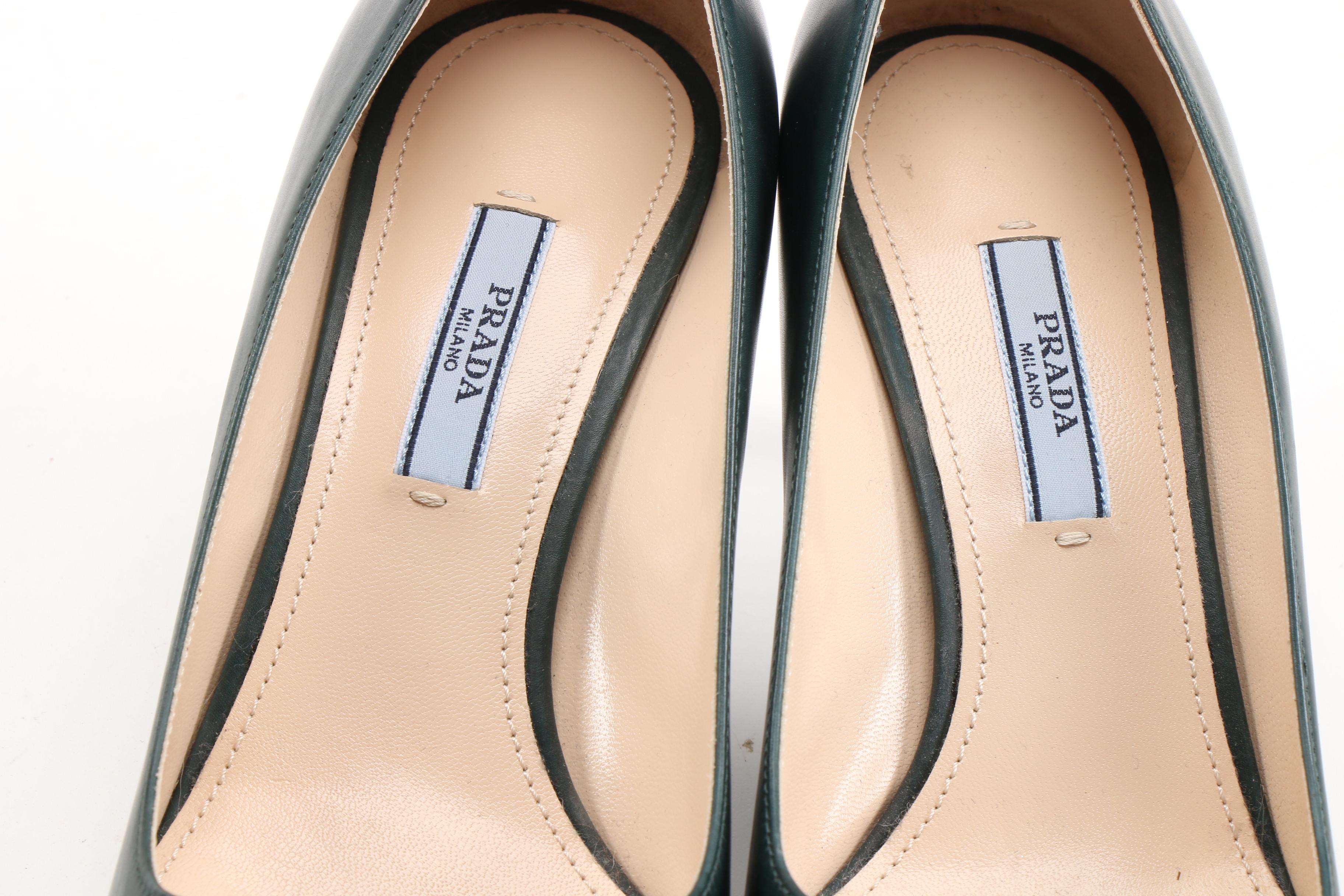 Prada Dark Green Leather Pointed Toe Pumps