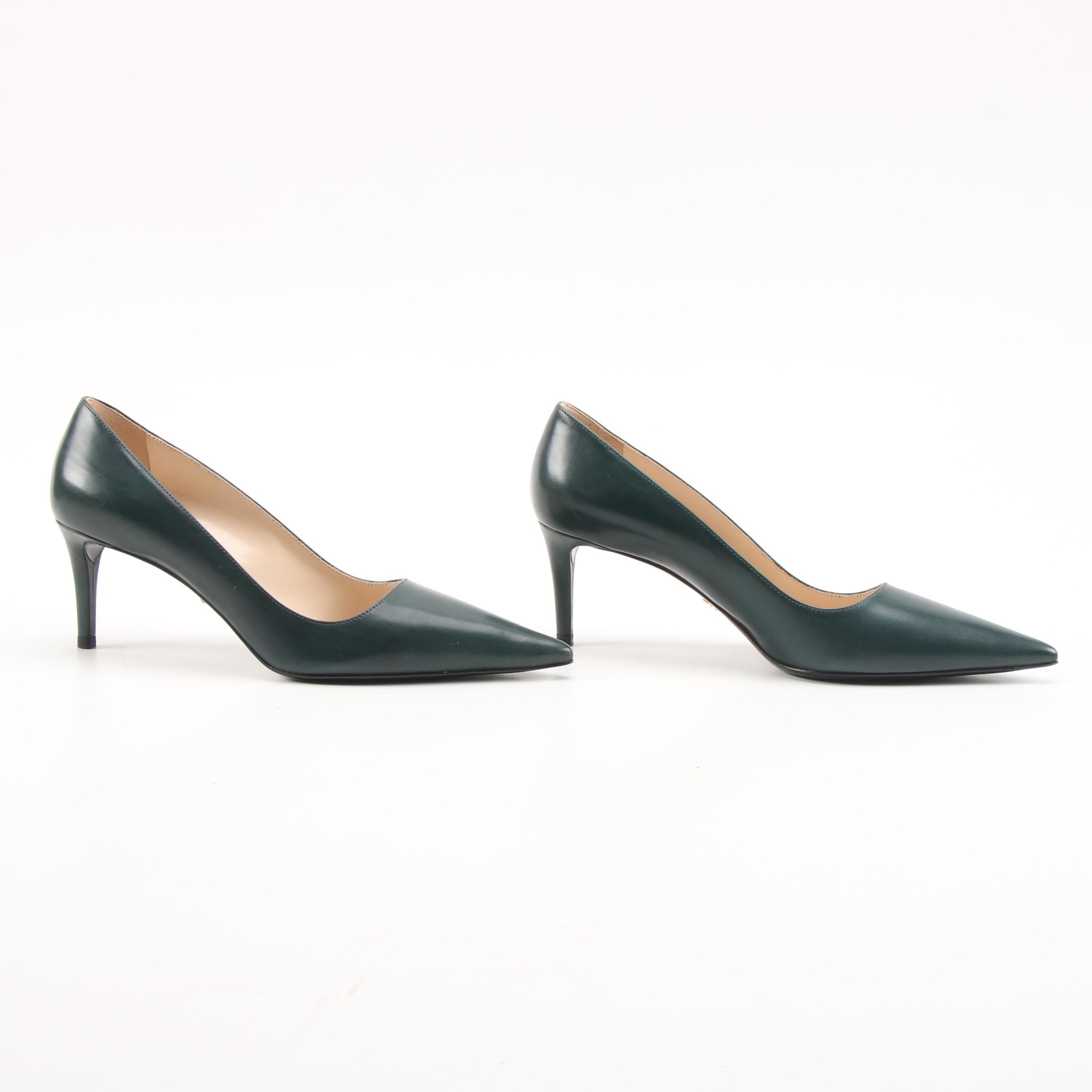 Prada Dark Green Leather Pointed Toe Pumps