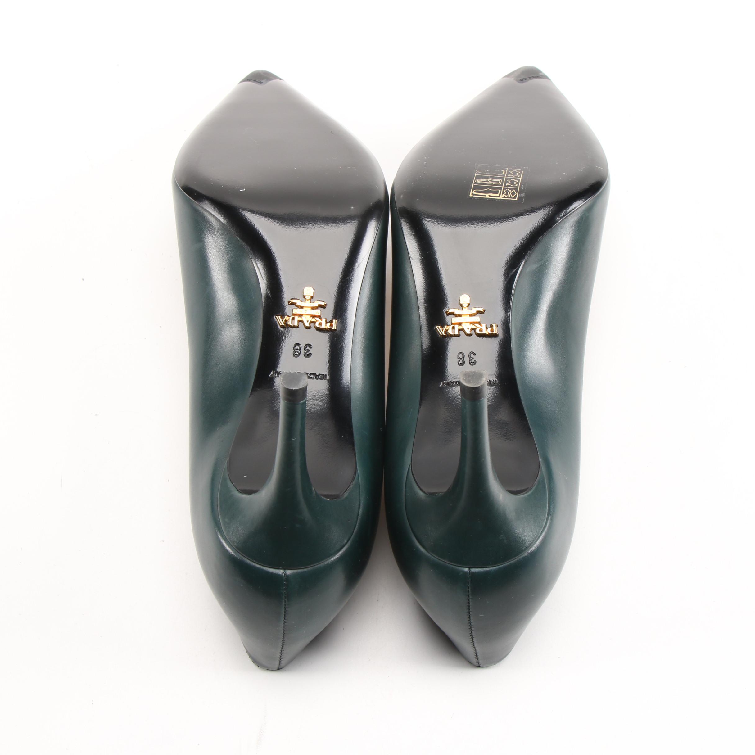 Prada Dark Green Leather Pointed Toe Pumps