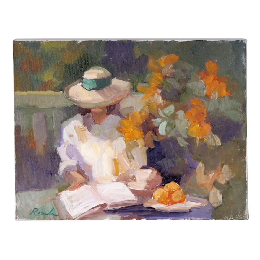 Sally Rosenbaum Oil Painting of Woman Reading in Garden