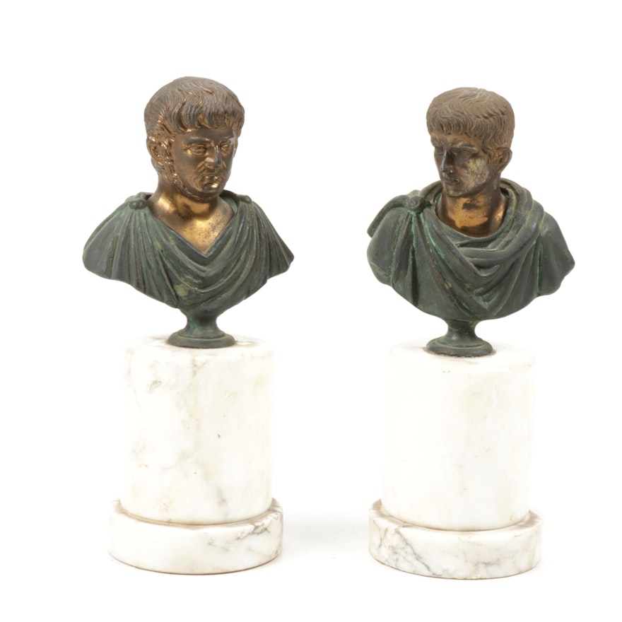 Cast Metal Sculpture Busts of Roman Emperors Nero and Augustus