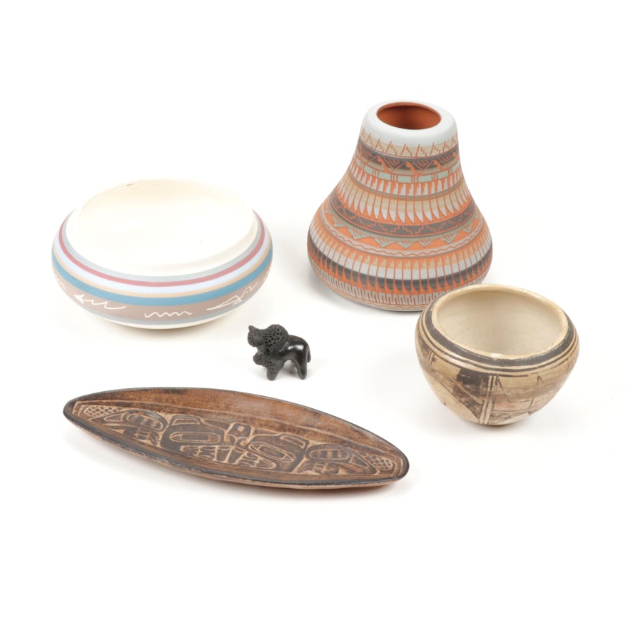 Navajo Earthenware Art Pottery, Haida Beaver Clay Trinket Tray and More