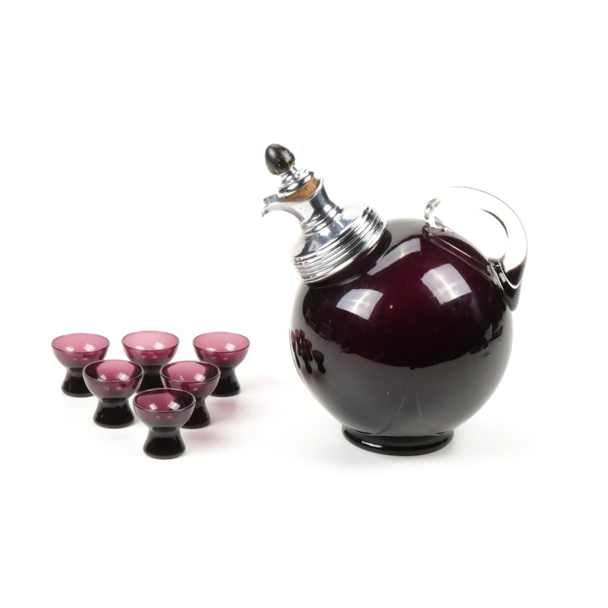 Cambridge Amethyst Glass Ball Decanter with "Harlequin" Cordials