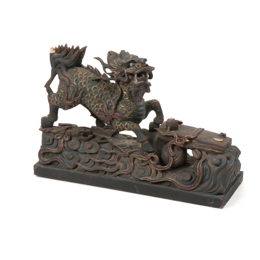 East Asian Carved Wood Dragon Sculpture, Late 19th to Early 20th Century