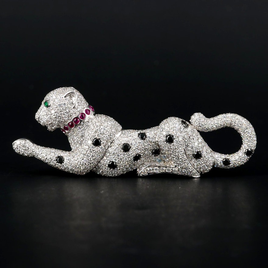 14K White Gold 12.05 CTW Diamond and Gemstone Panther Brooch