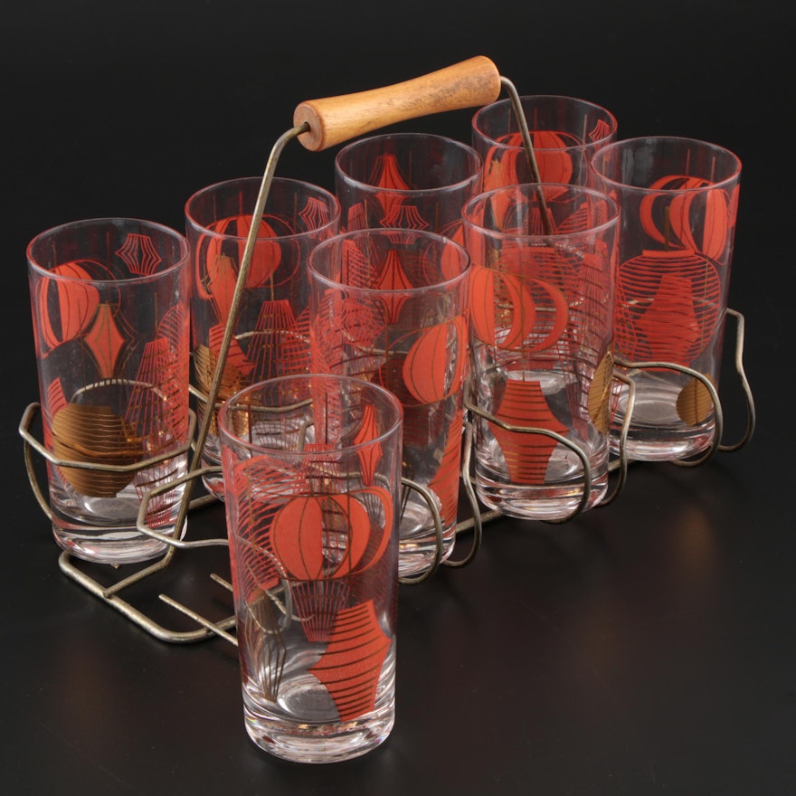 Mid Century Modern Printed Highball Glasses with Caddy