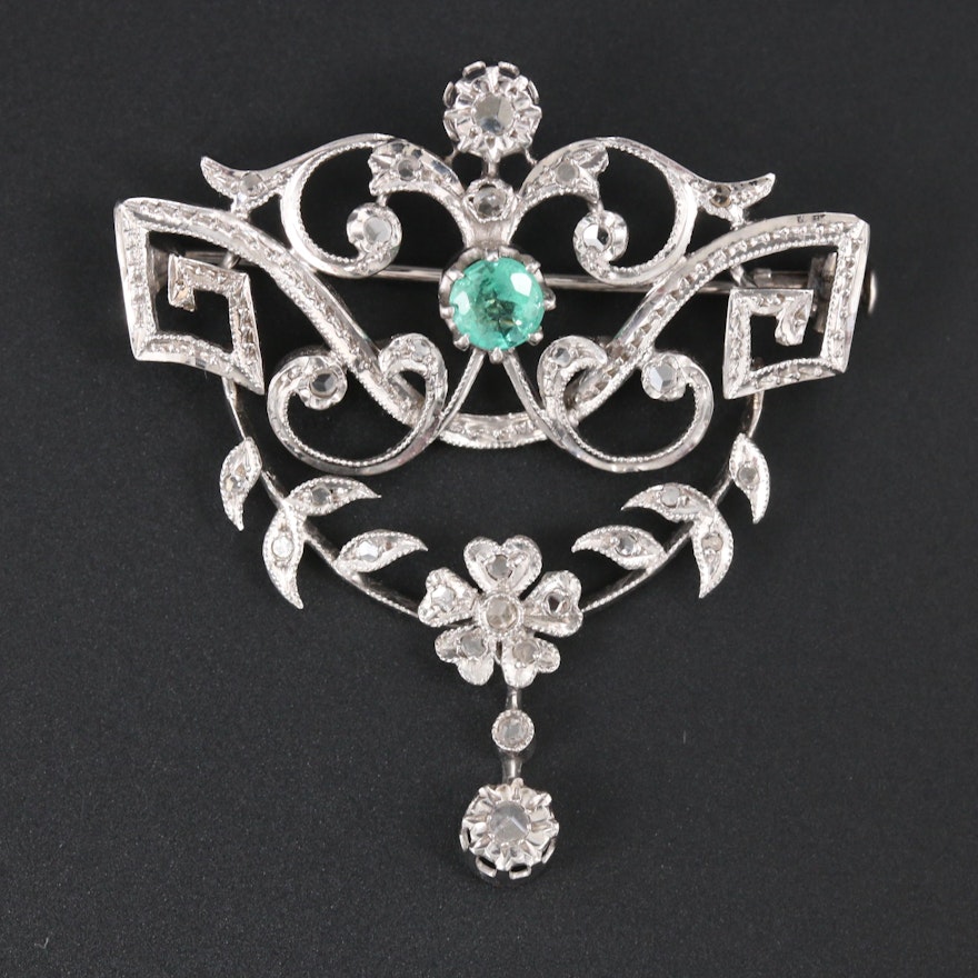 Vintage 14K White Gold Emerald and Diamond Brooch