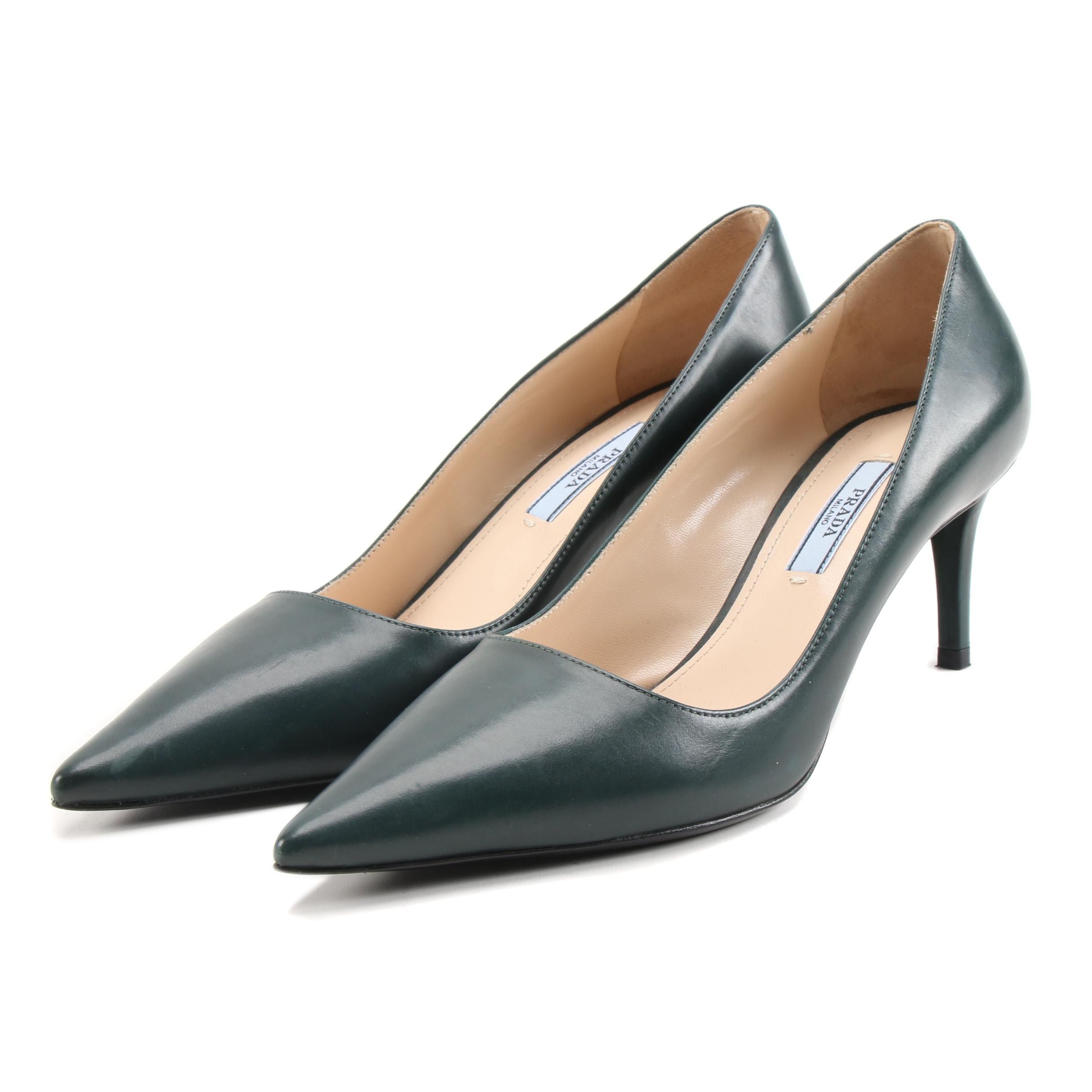 Prada Dark Green Leather Pointed Toe Pumps