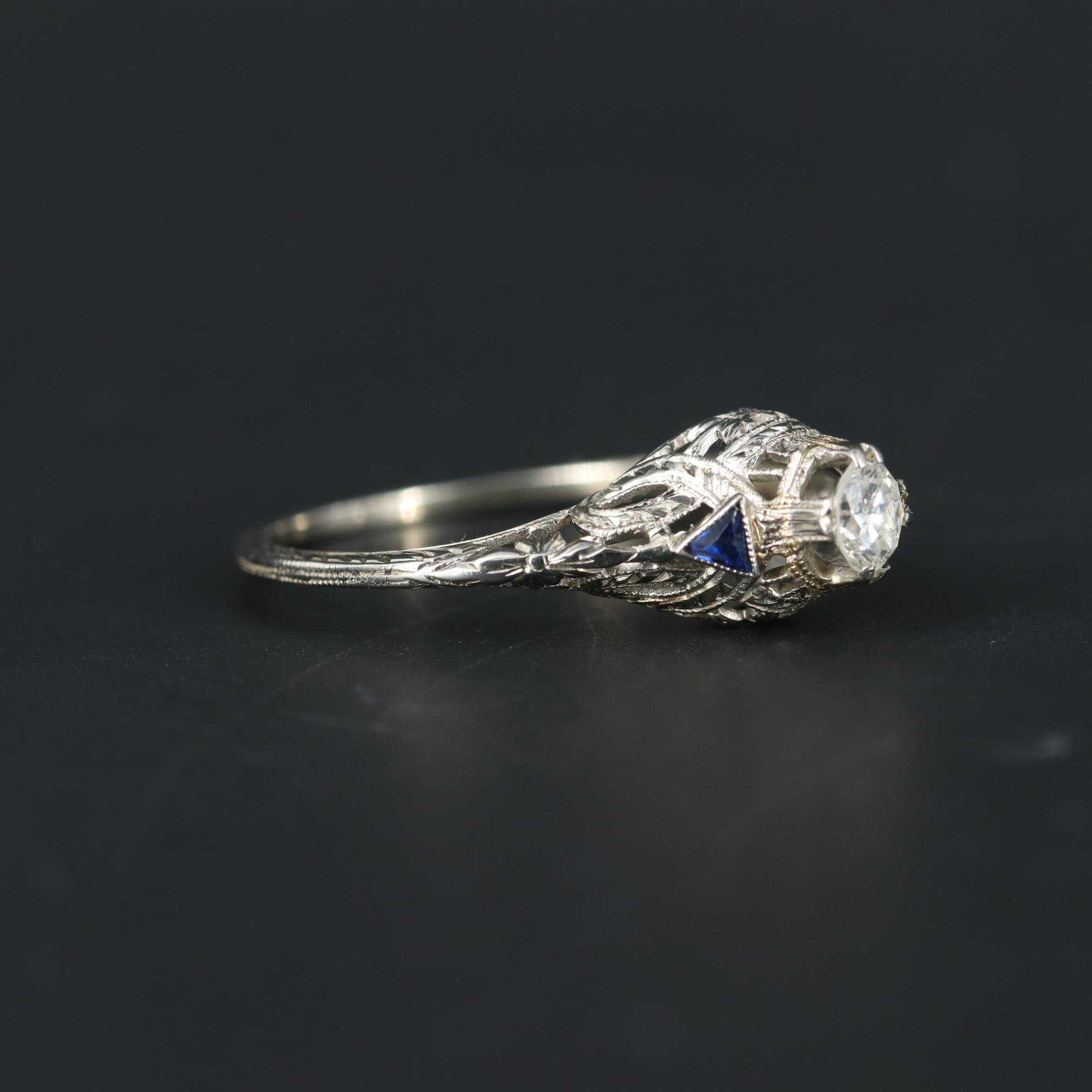 Vintage 18K White Gold Diamond and Sapphire Ring