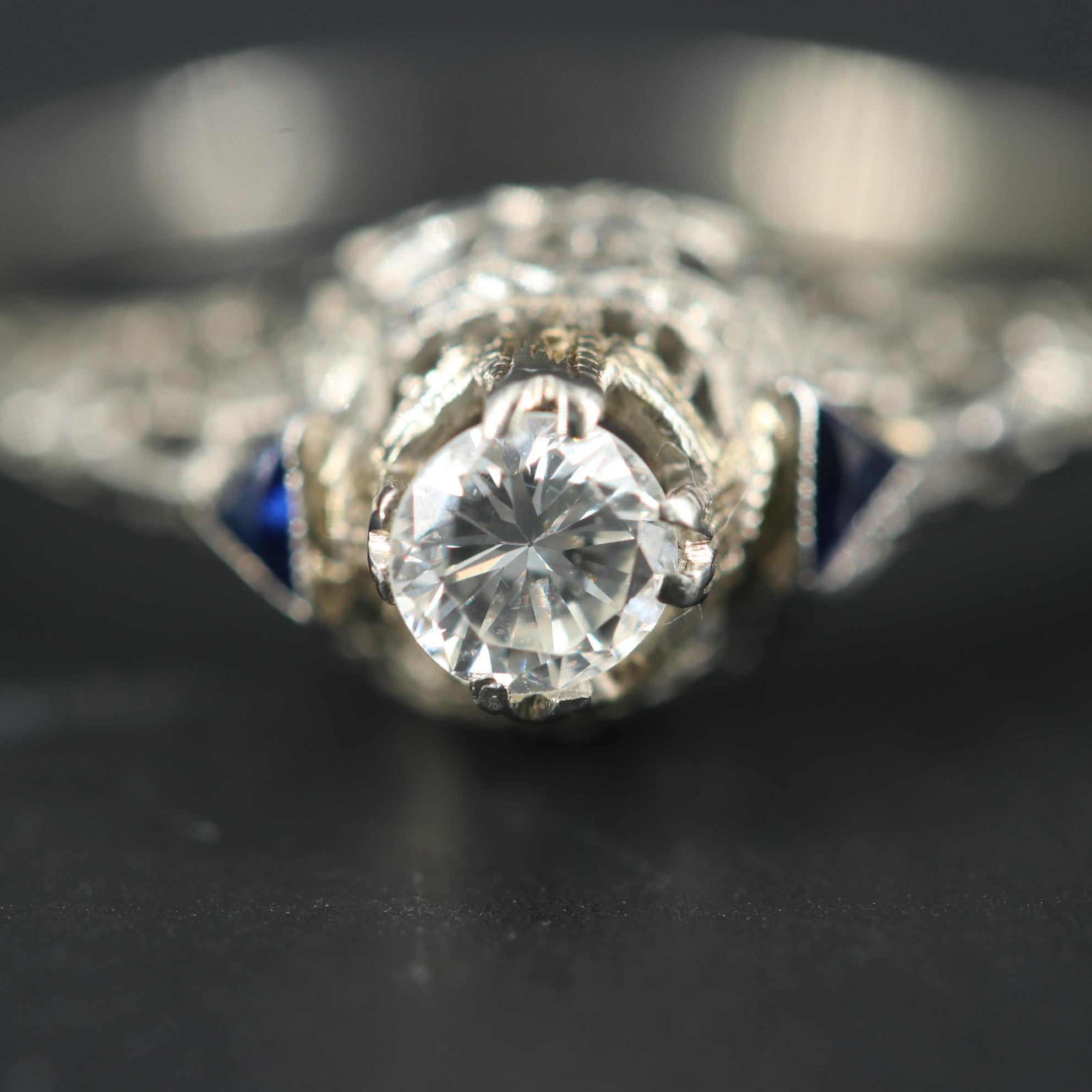 Vintage 18K White Gold Diamond and Sapphire Ring