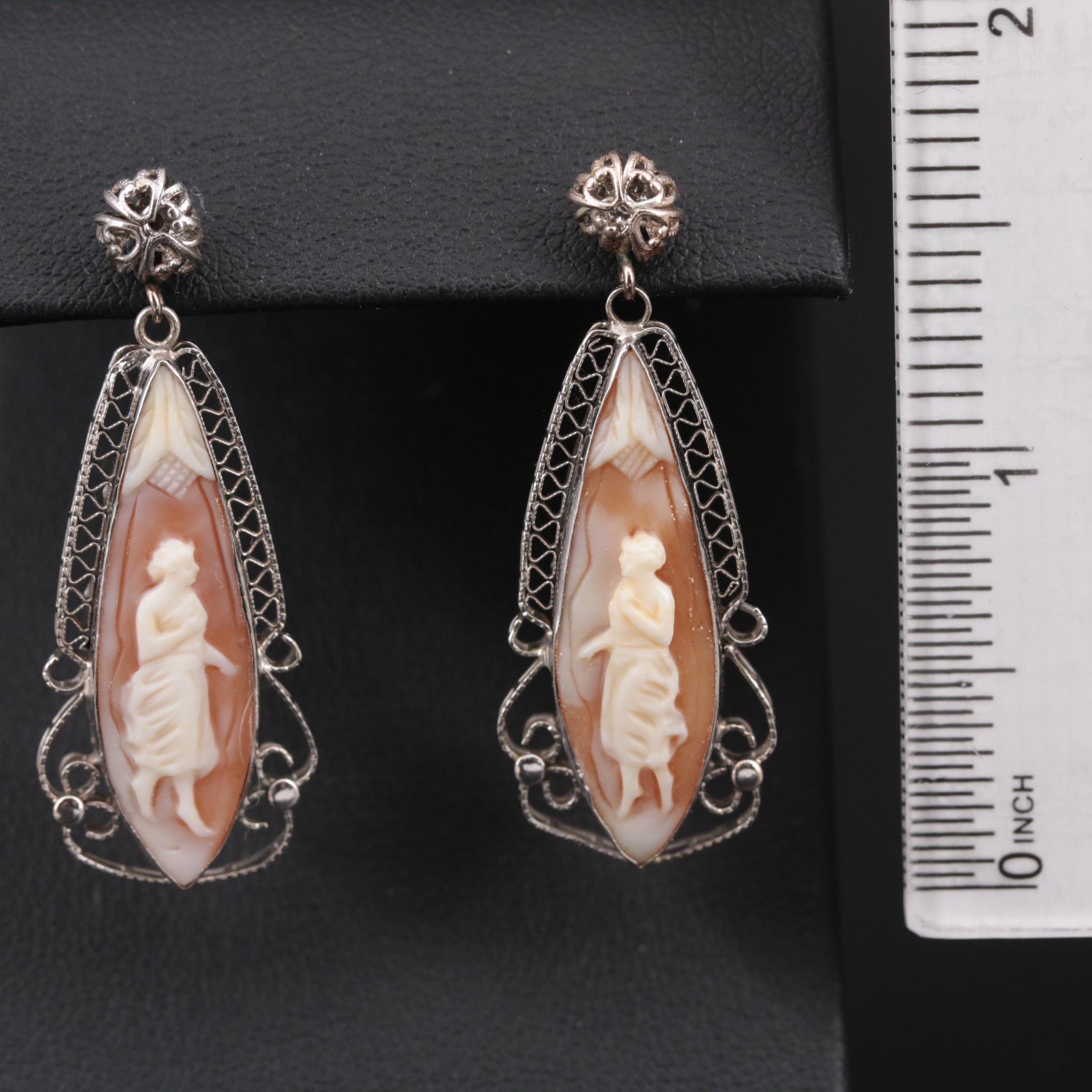 10K Yellow Gold Helmet Shell Cameo Earrings with Filigree Accents