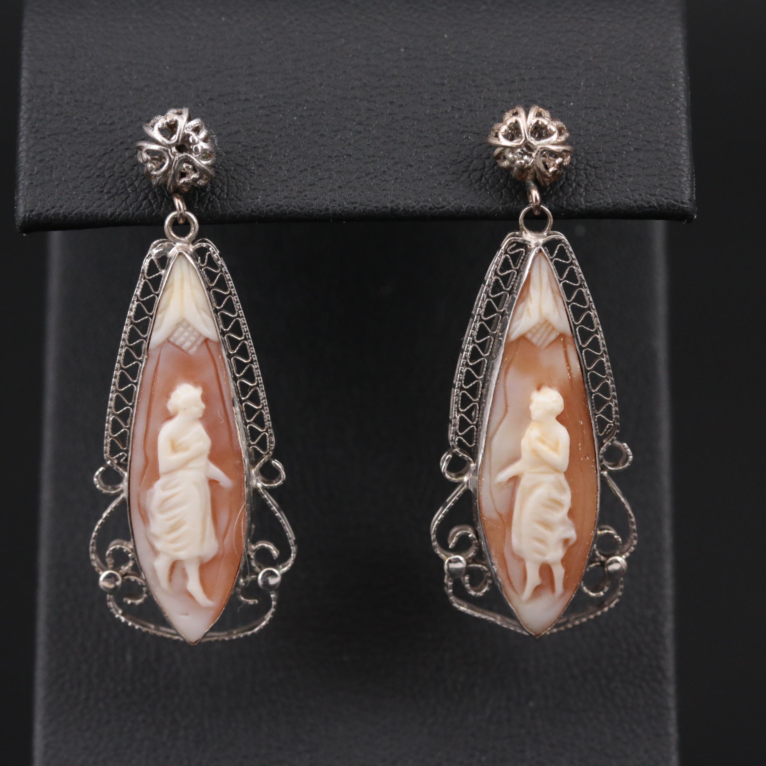 10K Yellow Gold Helmet Shell Cameo Earrings with Filigree Accents