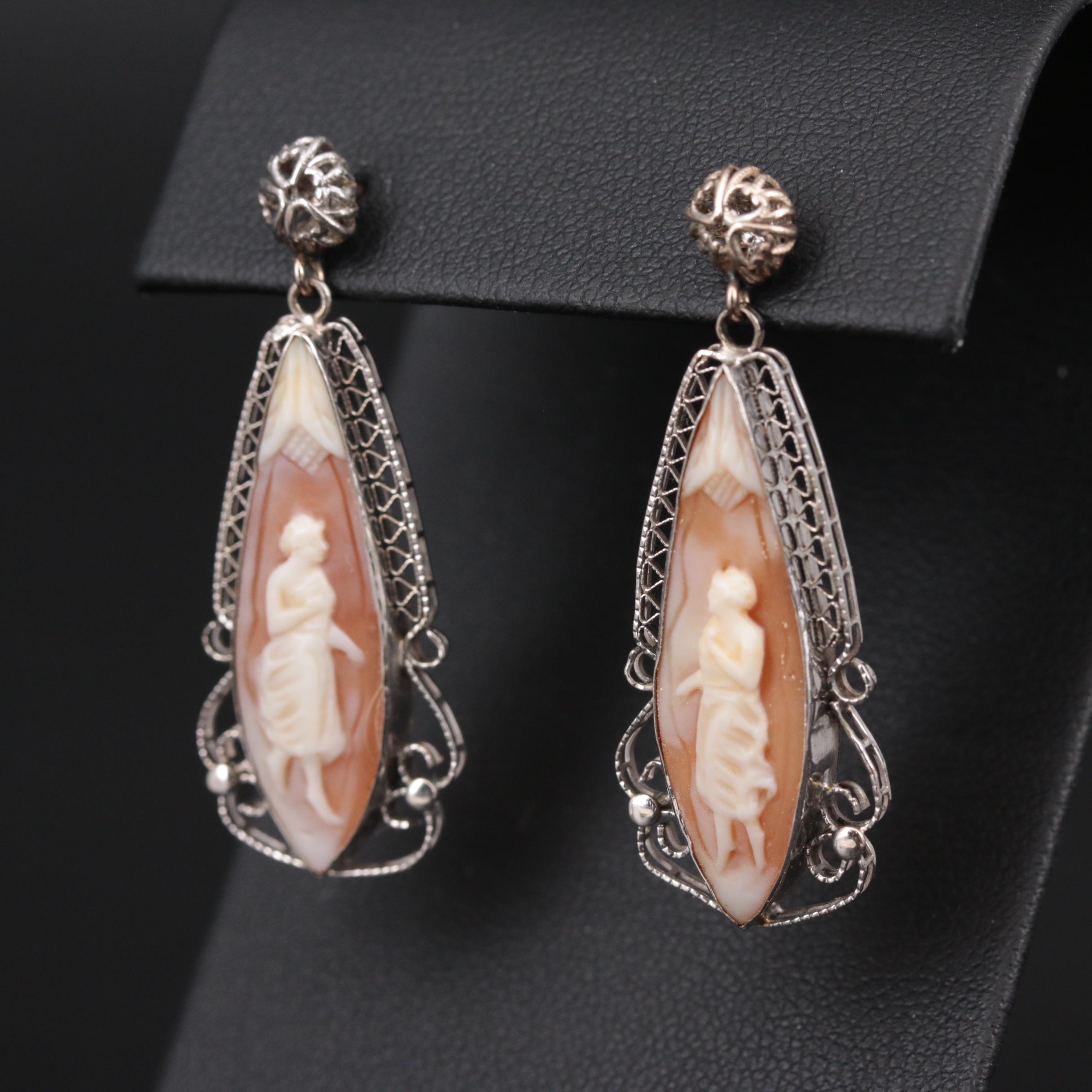 10K Yellow Gold Helmet Shell Cameo Earrings with Filigree Accents