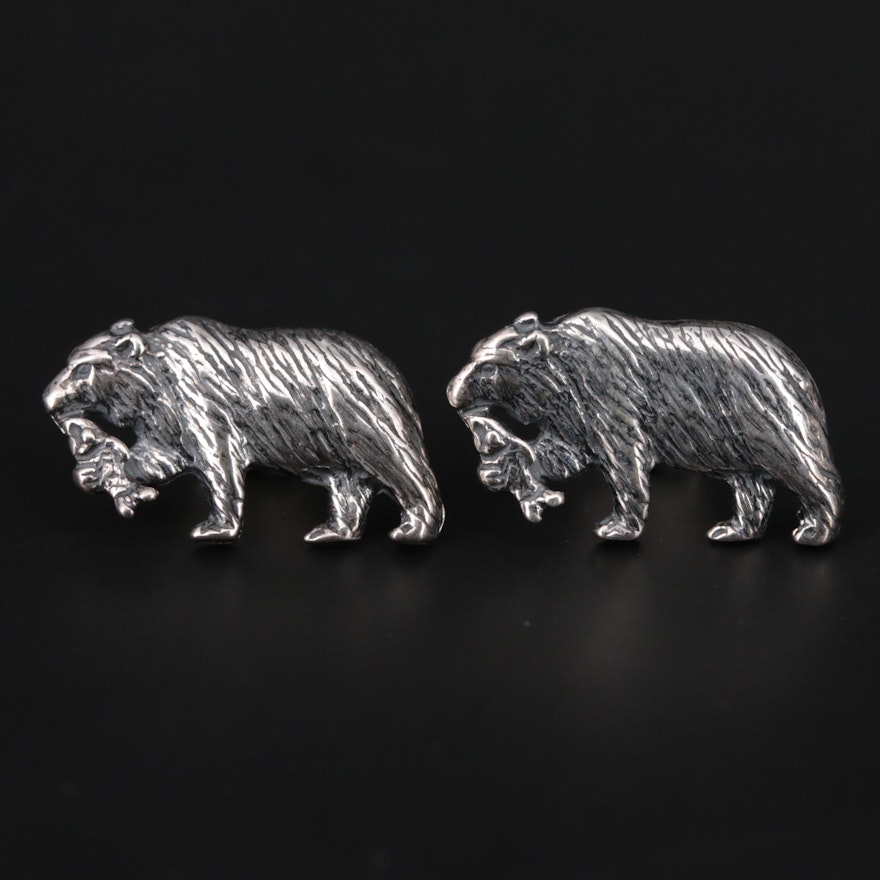 Kabana Sterling Silver Earrings With Bear and Salmon Motif
