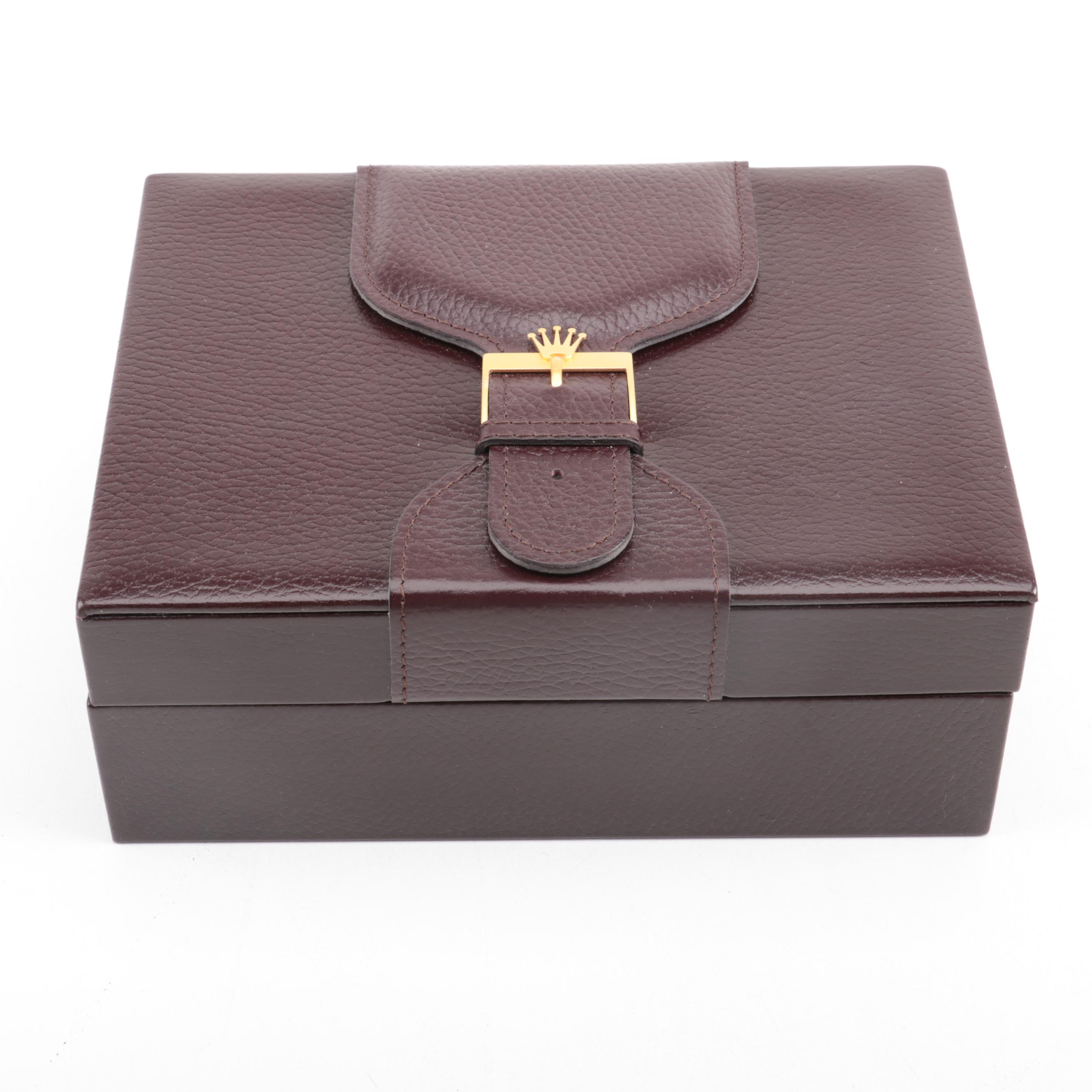 Rolex President Burgundy Leather and Walnut Presentation Box, 1990s