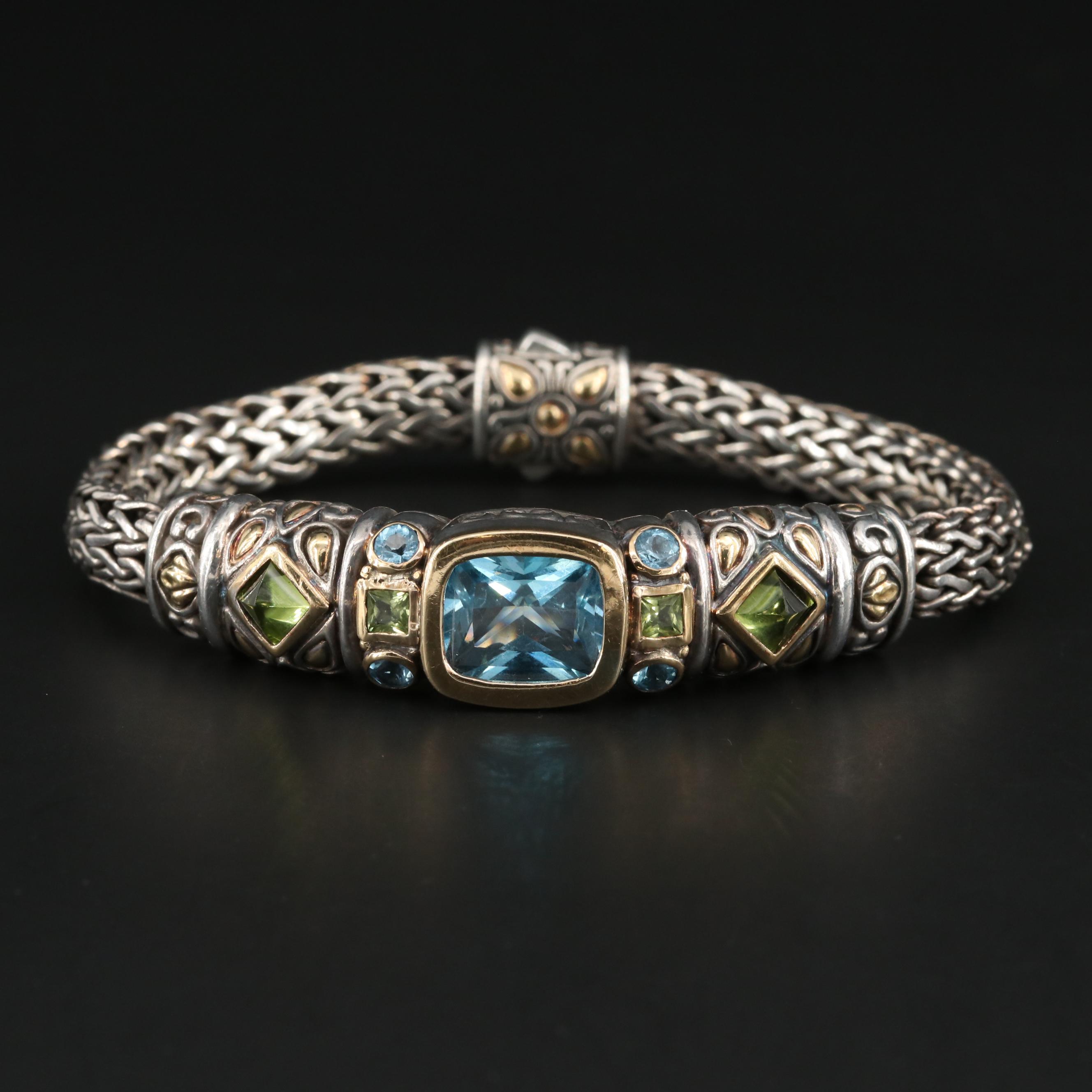 John Hardy Sterling Blue Topaz and Peridot Bracelet with 18K Yellow Gold Accents