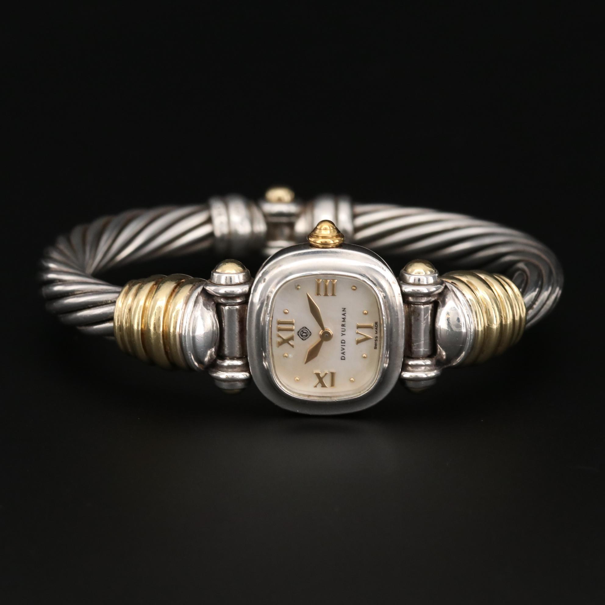 David Yurman Sterling Silver and 18K Gold Cable Watch with Mother of Pearl