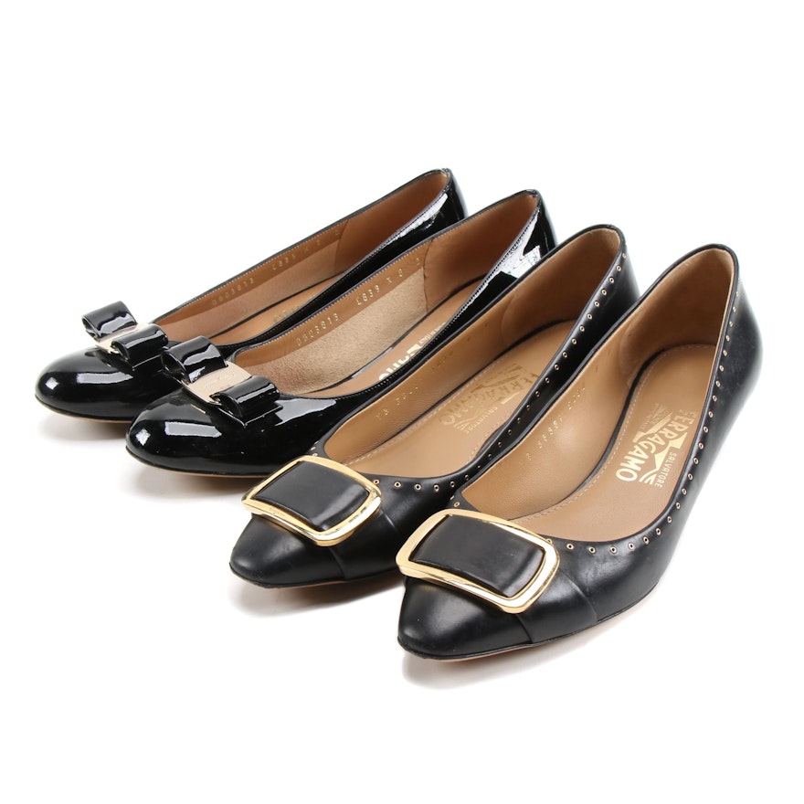 Salvatore Ferragamo Black Patent Leather Pumps and Studded Leather Kitten Heels