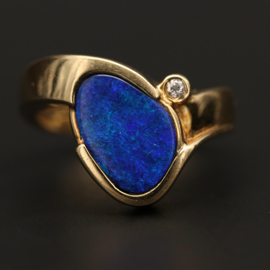 14K Yellow Gold Opal Doublet Ring with Diamond Accent