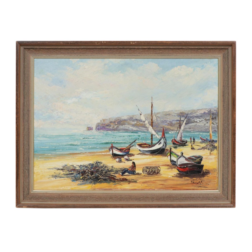 Oil Painting of Coastal Landscape with Boats