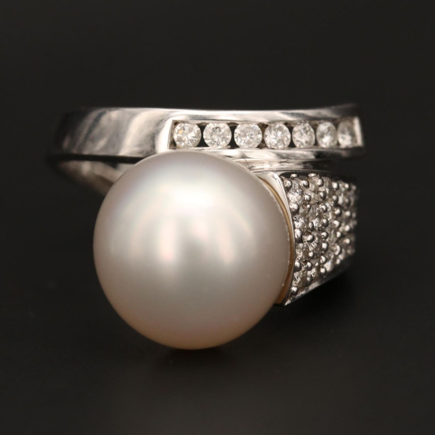 18K White Gold Cultured Pearl and Diamond Ring