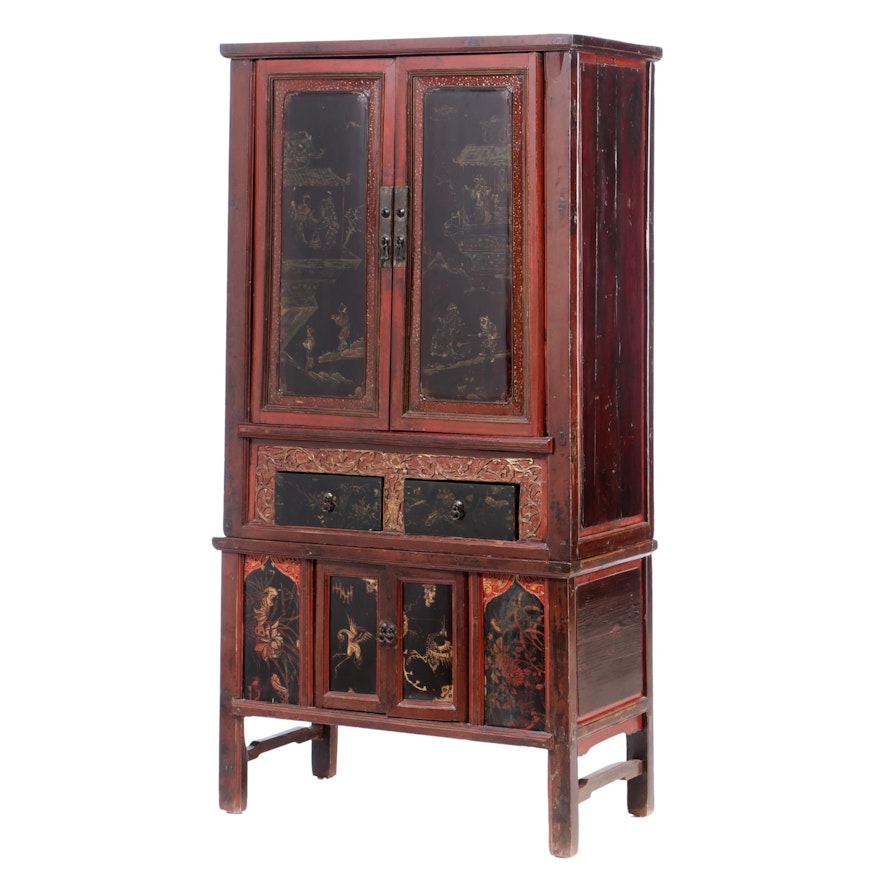 Antique Chinese Painted Pine Armoire Cabinet, Late 19th to Early 20th Century