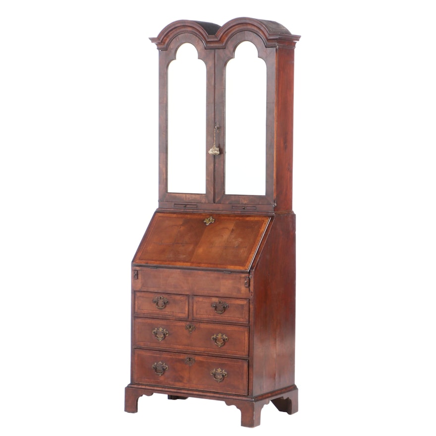 George II Style Cross-and-Feather-Banded Walnut Double-Dome Bureau Cabinet