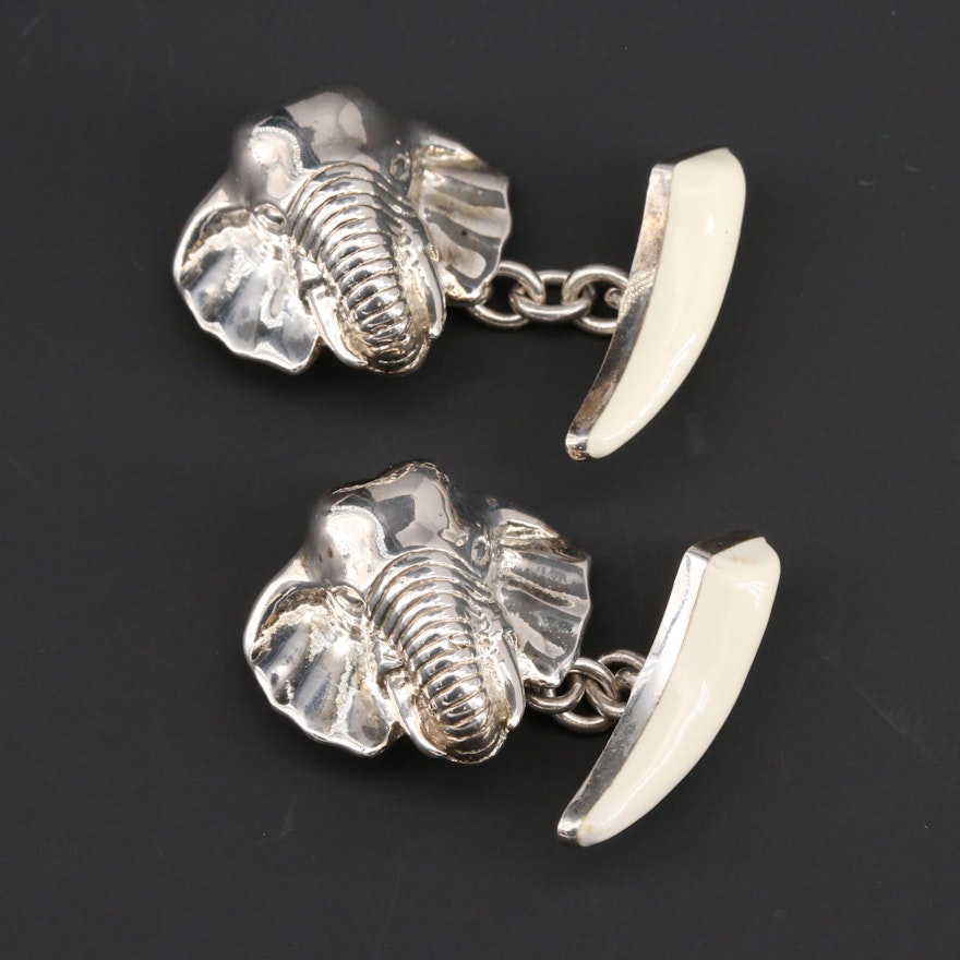 KJD Jewelers of London Sterling Silver Enamel Elephant Motif Cufflinks