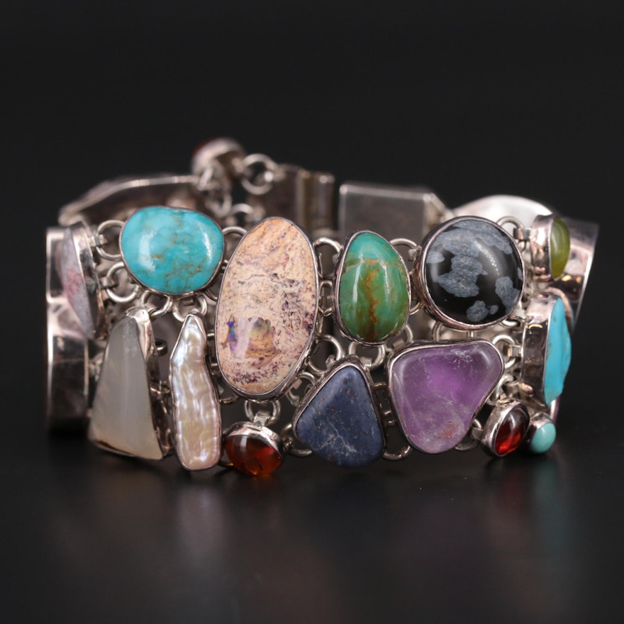 950 Silver Bracelet Featuring Turquoise, Opal, and Ammolite