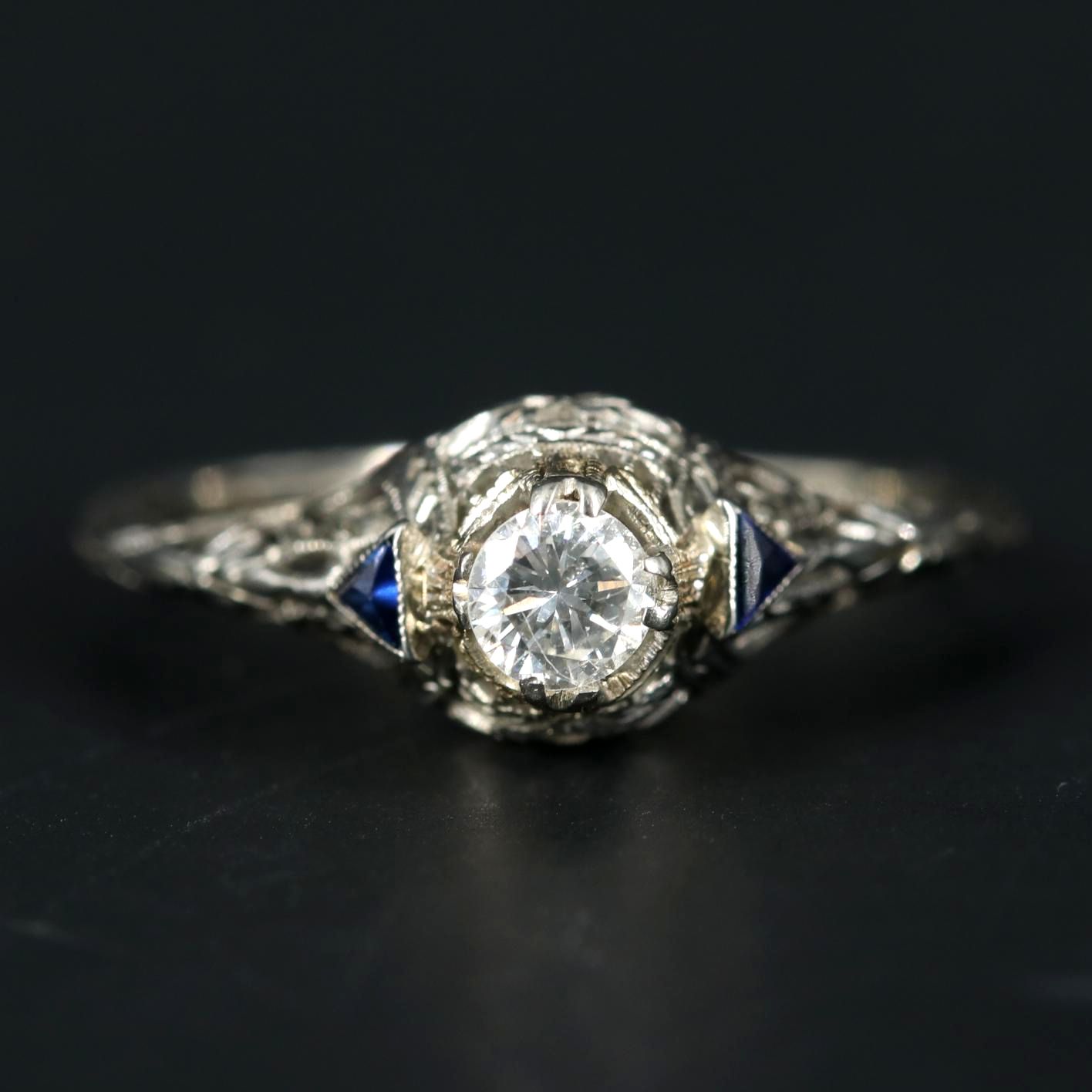 Vintage 18K White Gold Diamond and Sapphire Ring