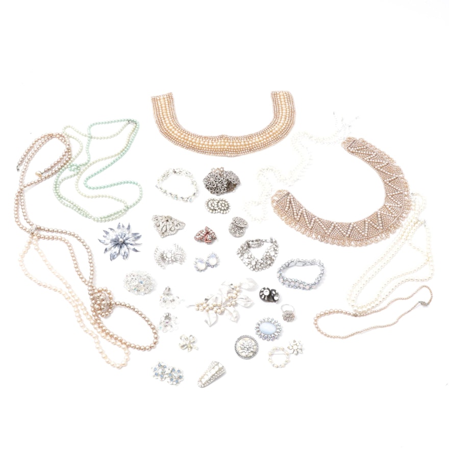 1950s Rhinestone and Imitation Pearl Jewelry Including Trifari and Kramer