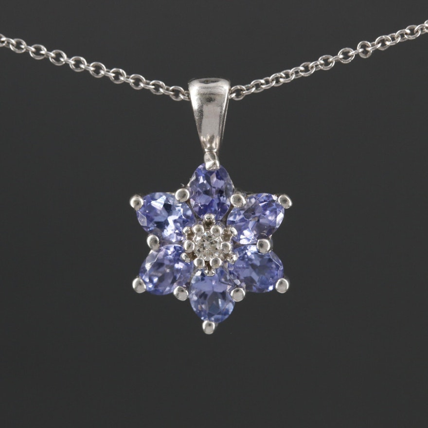 Diamond and Tanzanite Flower Pendant Necklace