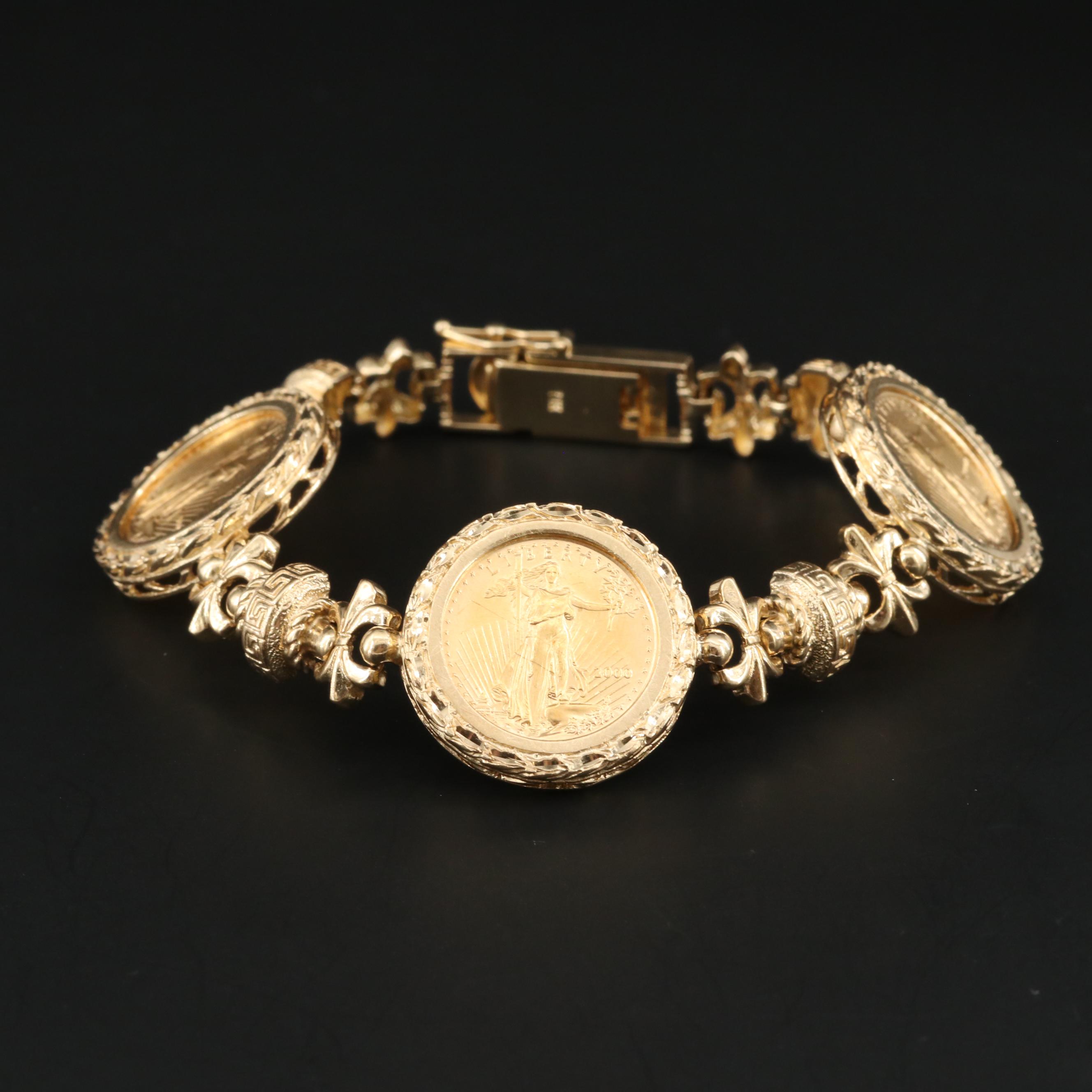 14K Yellow Gold Bracelet Featuring 22K Yellow Gold American Eagle Coin Accents
