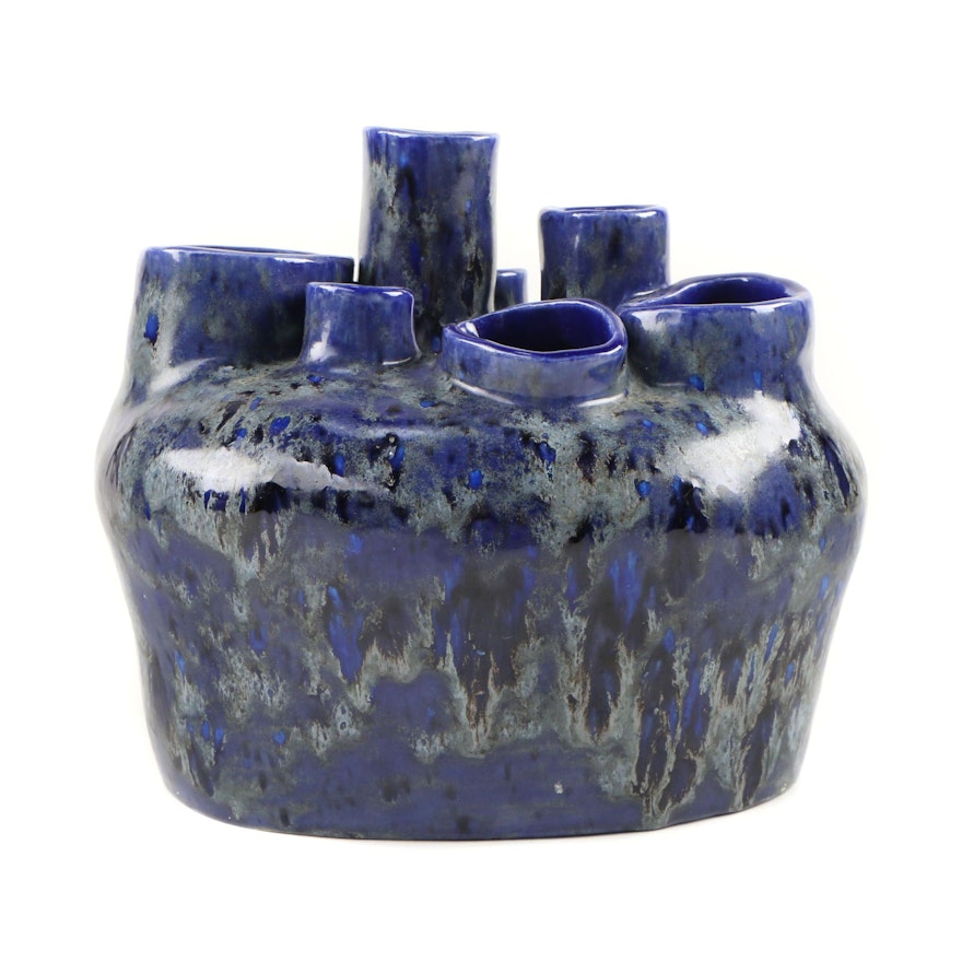 Multi Spout Cobalt Glazed Pottery Vase, Vintage