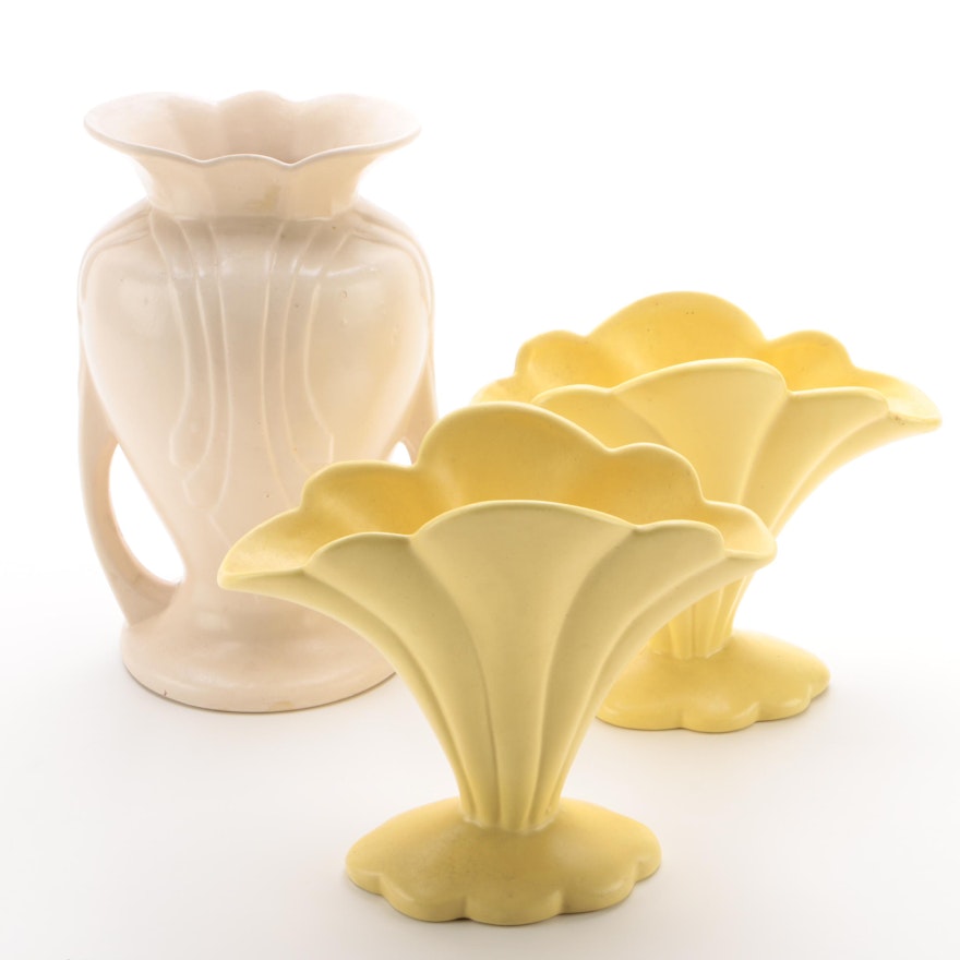 Hull Pottery Matte Glaze Urn with Fan Style Vases, 1940s