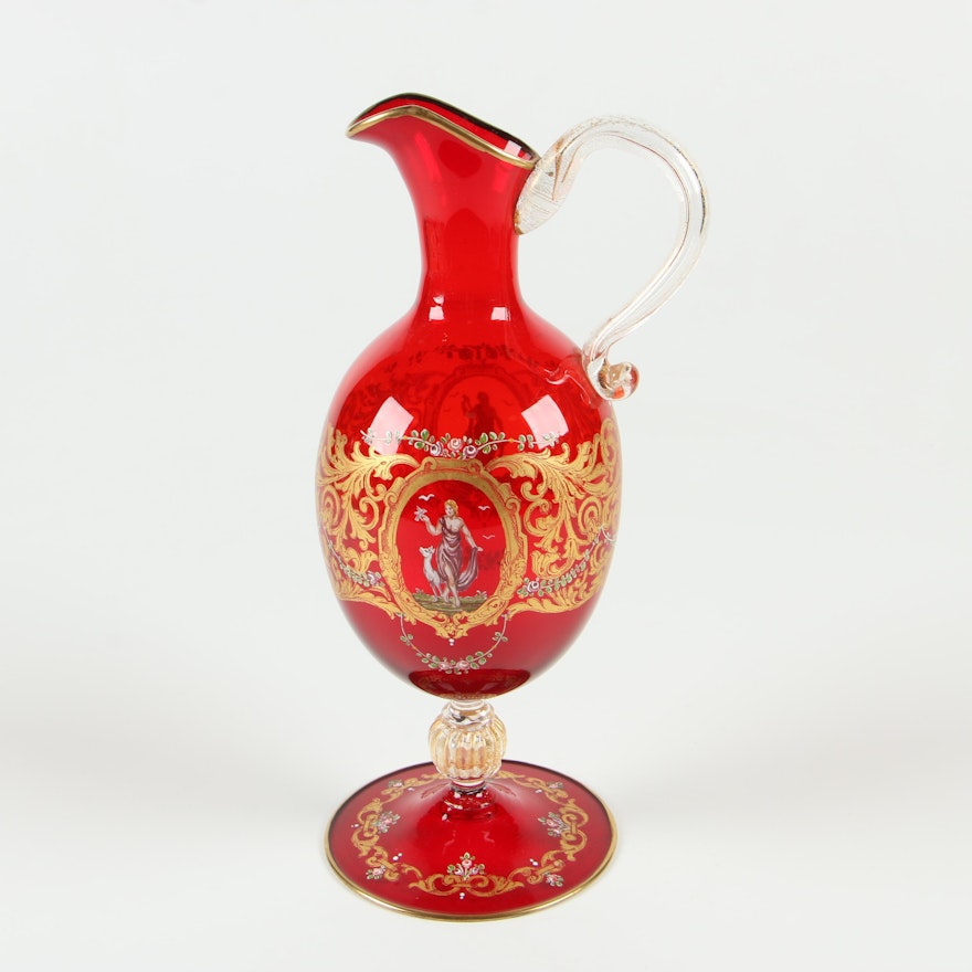 Red Art Glass Ewer with Hand-Painted Greek Revival Motif, Vintage