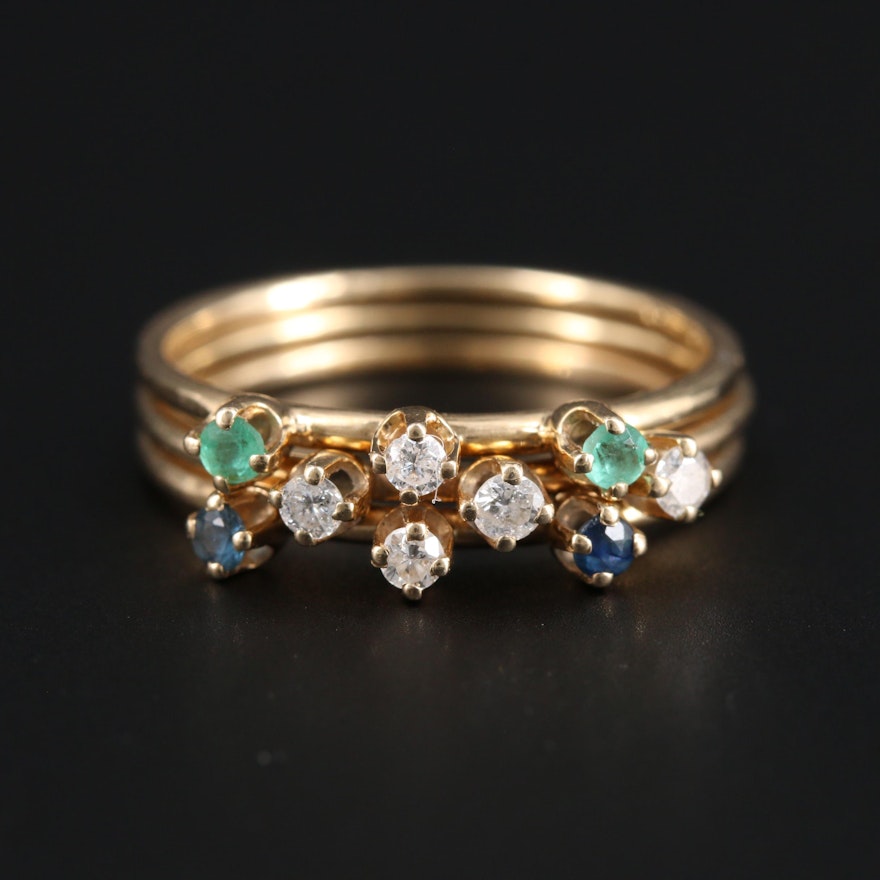 14K Yellow Gold Diamond, Emerald, and Sapphire Stacking Rings