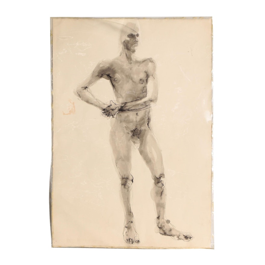 John Tuska Ink and Watercolor Figure Study of Standing Male Nude