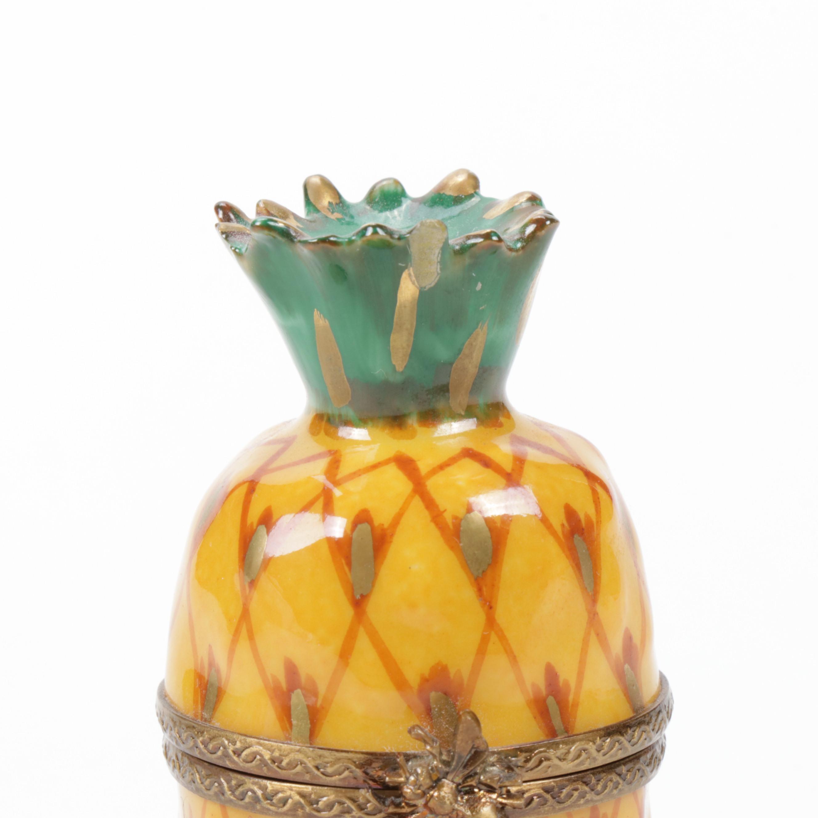 Hand-Painted Porcelain Pineapple Limoges Trinket Box