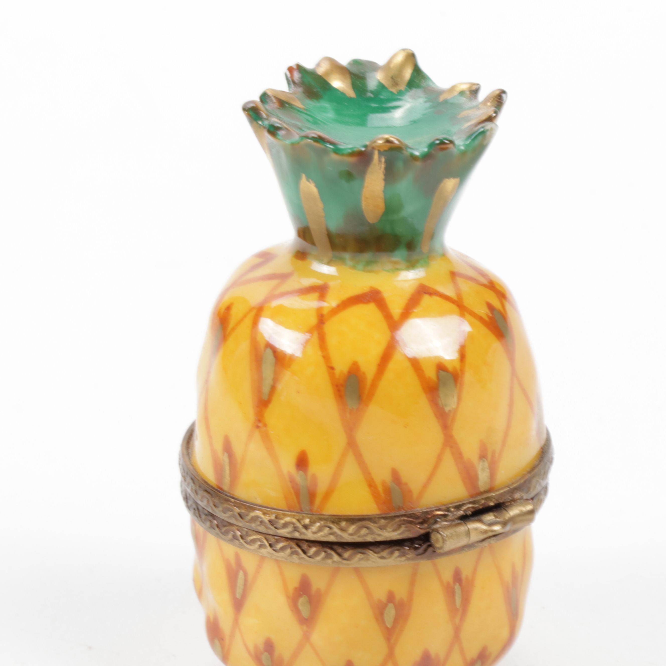 Hand-Painted Porcelain Pineapple Limoges Trinket Box